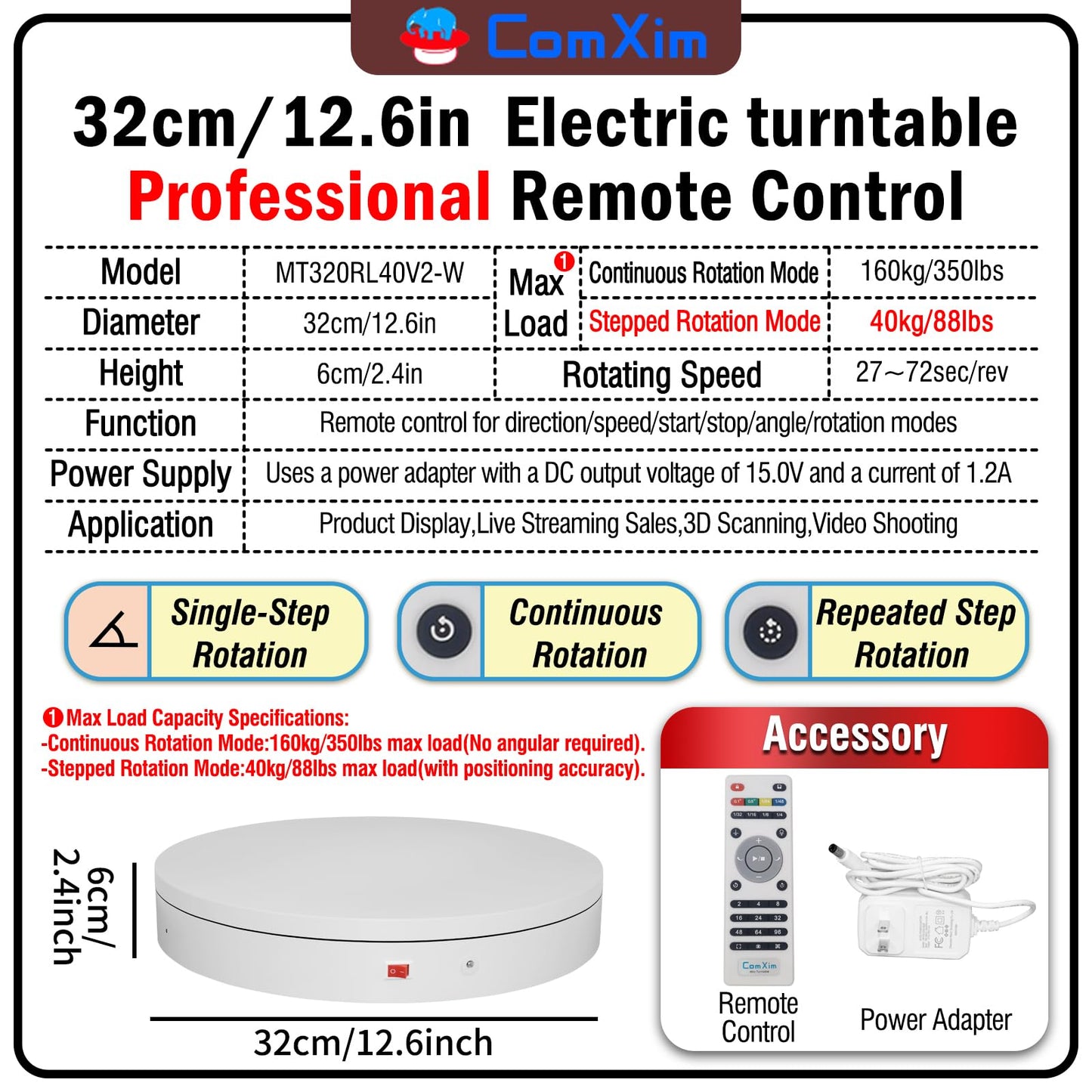 ComXim 12.6In/32cm Rotating Platform, 350lbs Capacity Motorized Electric Turntable, Heavy Duty Motorized Rotating base, Large Motorized Rotating Display Stand,Photography Turntable with Remote