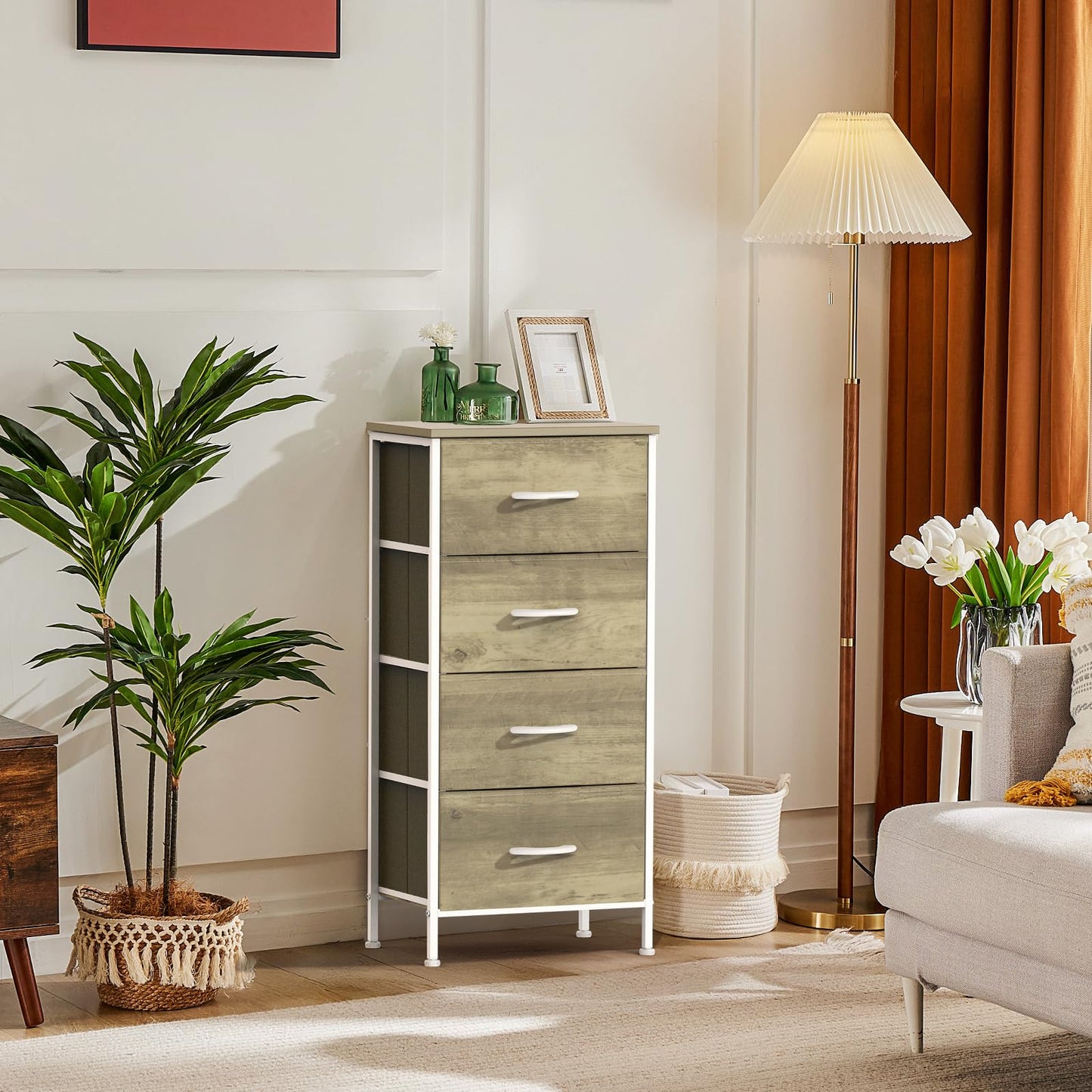 DUMOS Nightstand with 4 Drawers Bedside Table with Removable Fabric Bins Sturdy Steel Frame Wood Top Organizer Furniture for Bedroom Closet Living Room,Oak Greige