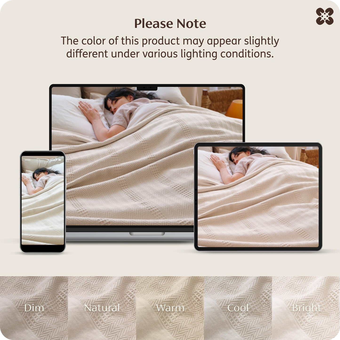 Bedsure 100% Certified Organic Cotton Blanket - Queen Size, Soft & Breathable Luxury Blankets for Bed, All Seasons Waffle & Herringbone PureWoven Textured Thermal Blanket for Adults, Kids, Beige