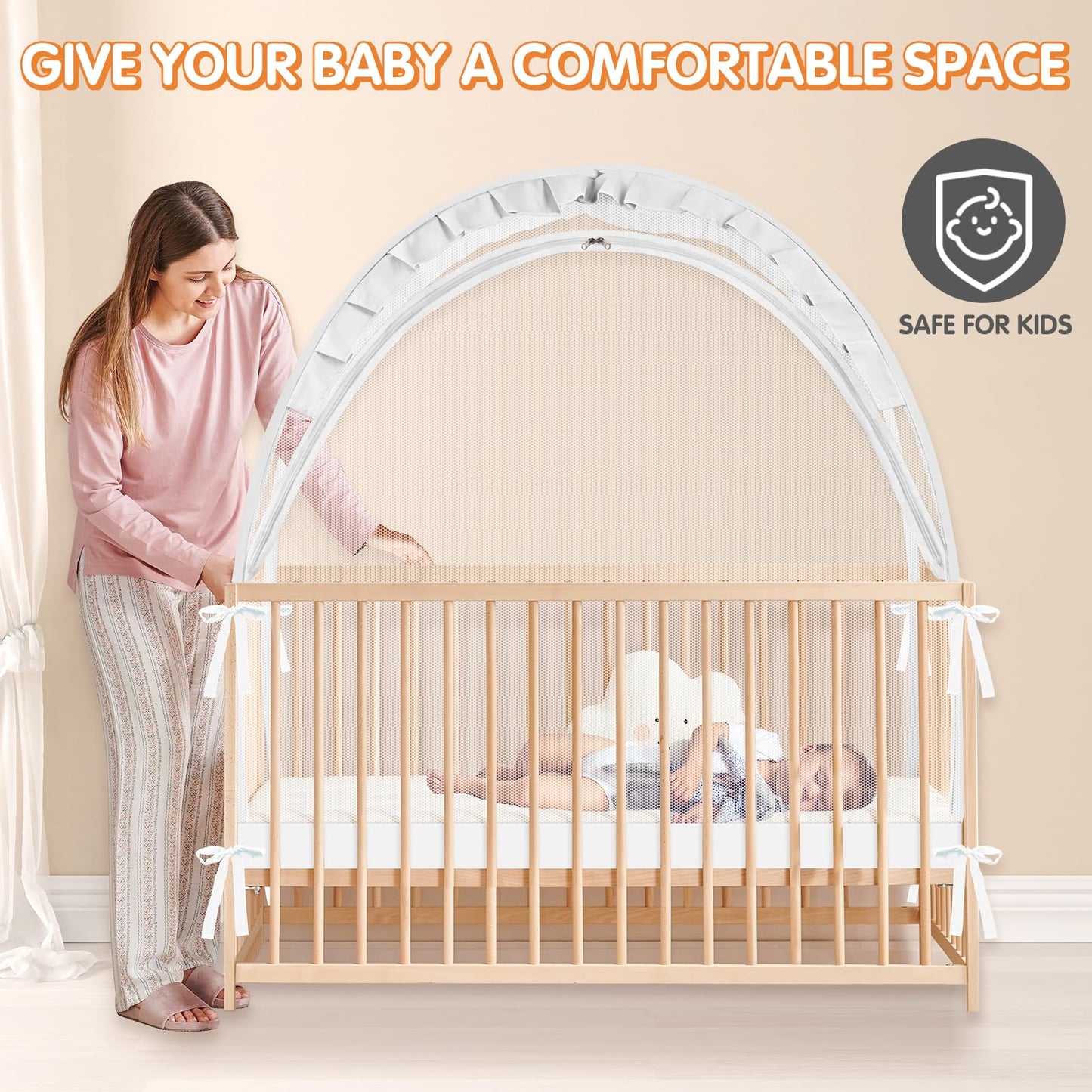 Crib Tent to Keep Baby from Climbing Out - Crib Net to Keep Baby in - Pop Up Breathable Cribs Cover - Canopy with Upgrade Strong Mesh and Durable Zipper (White, Lager)
