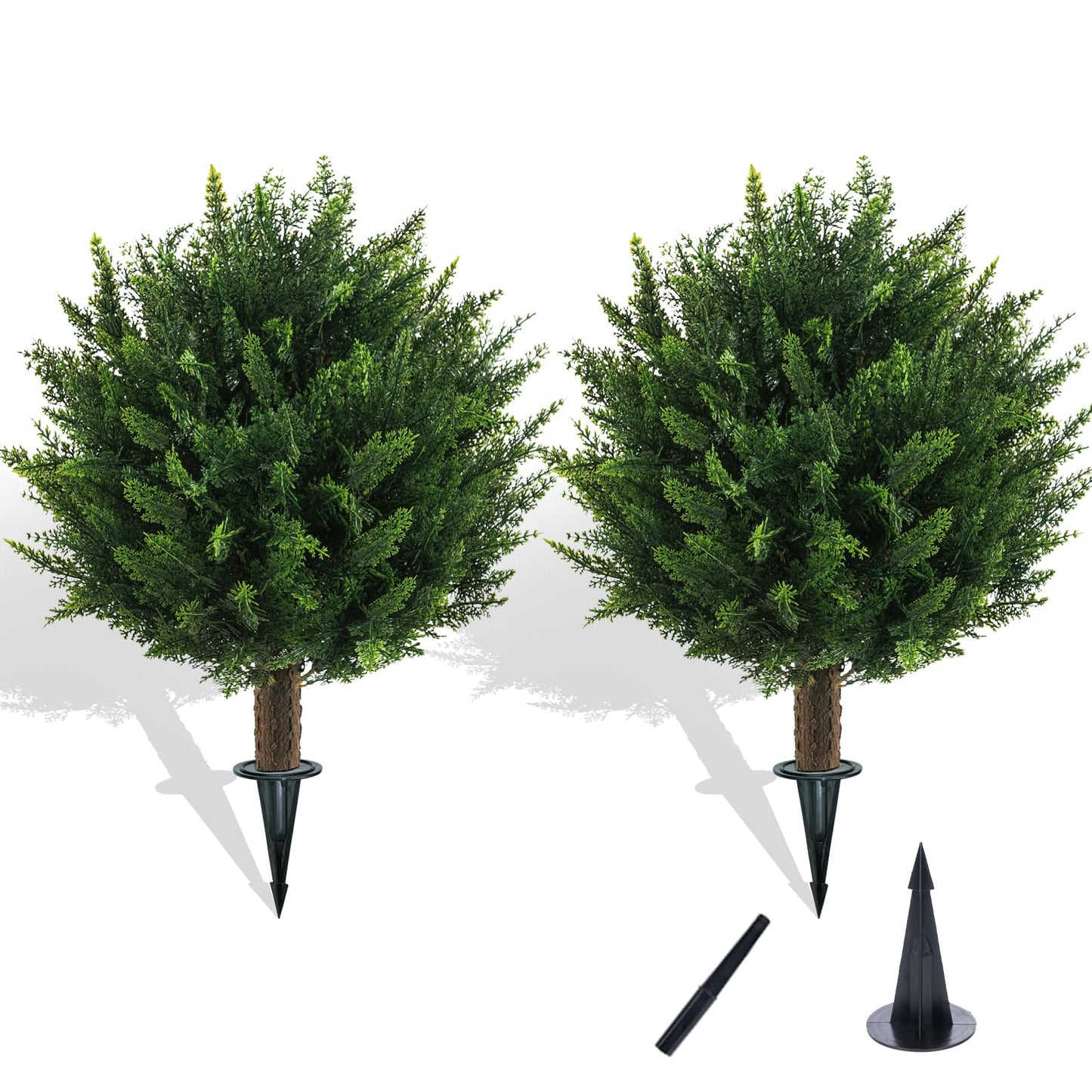 Chillchard 21" Artificial Cypress Topiary Outdoor Plants with Spike, 2 Pack Faux Cedar Bushes UV Resistant Fake Shrubs for Front Porch Décor