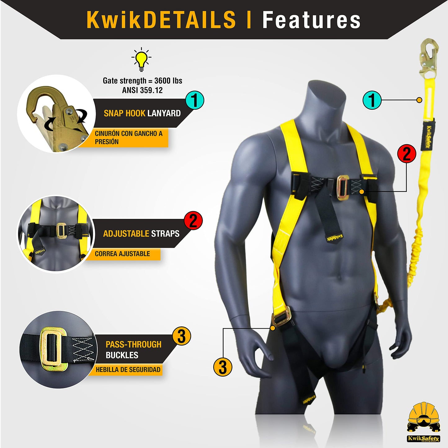 KwikSafety SCORPION Safety Harness | Full Body Fall Protection Harness w/Attached 6ft Tubular Lanyard | Construction Fall Arrest System | ANSI OSHA Certified PPE