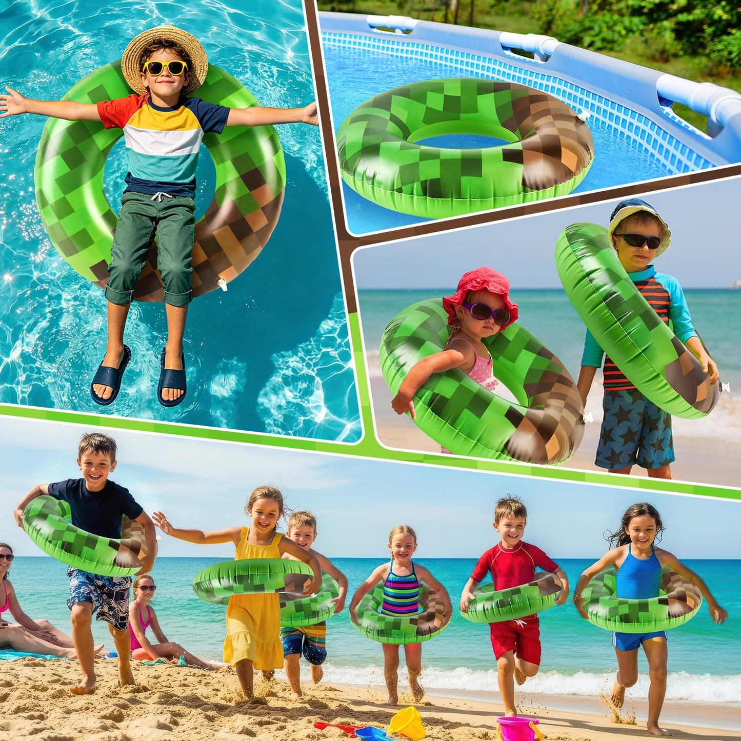 4 Pcs Pixel Party Pool Floats, 24 Inch Green Pixel Art Swim Rings for Kids Ages 5-8 Pool Tube, Inflatable Pool Toys for Hawaiian, Beach, Water Park Fun
