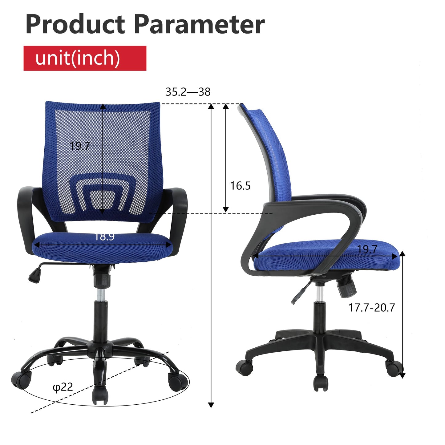 BestOffice | Ergonomic Office Chair | Mid-Back Swivel Desk Chair | Breathable Backrest & Lumbar Support | Adjustable Height | Sponge Seat | Rolling Wheels | Dark Blue | for Adults & Women