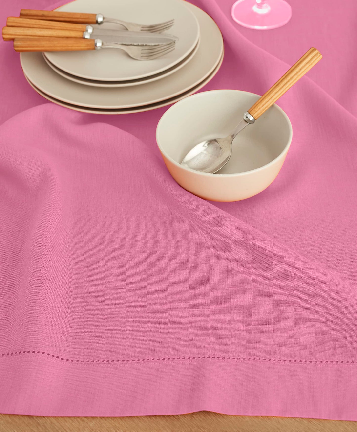 Solino Home Square Linen Tablecloth 52 x 52 Inch - 100% Pure Linen Flamingo Pink Table Throw - Classic Hemstitch, Machine Washable Table Cloth for Summer
