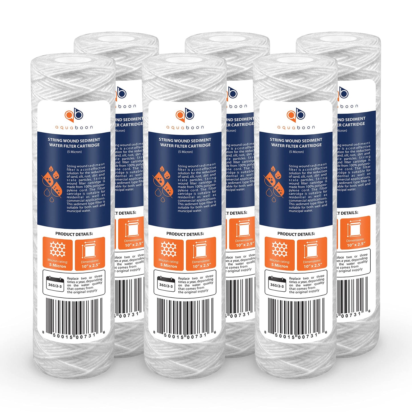 Aquaboon Whole House 5 Micron 10 x 2.5 String Wound Sediment Water Filter Cartridge Replacement Compatible with Well Water Filter WHKF-WHSW, 6-Pack