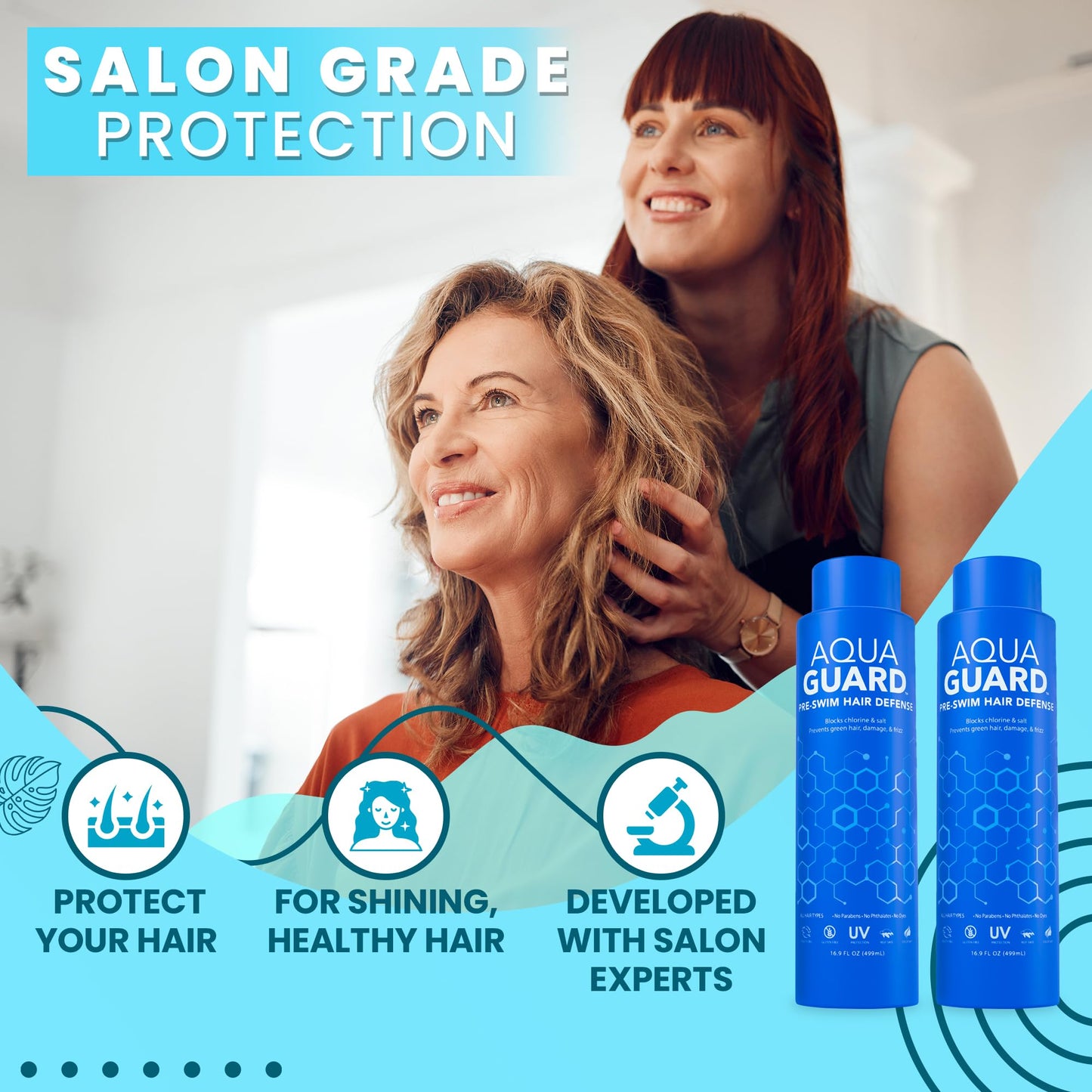 AQUA GUARD Pre-Swim Hair Defense | No More Swim Hair | Prevents Chlorine Damage + Softens Hair While Swimming | Made in California | Color Safe, Leaves Hair Smelling Great | 16.9 oz (2 Pack)