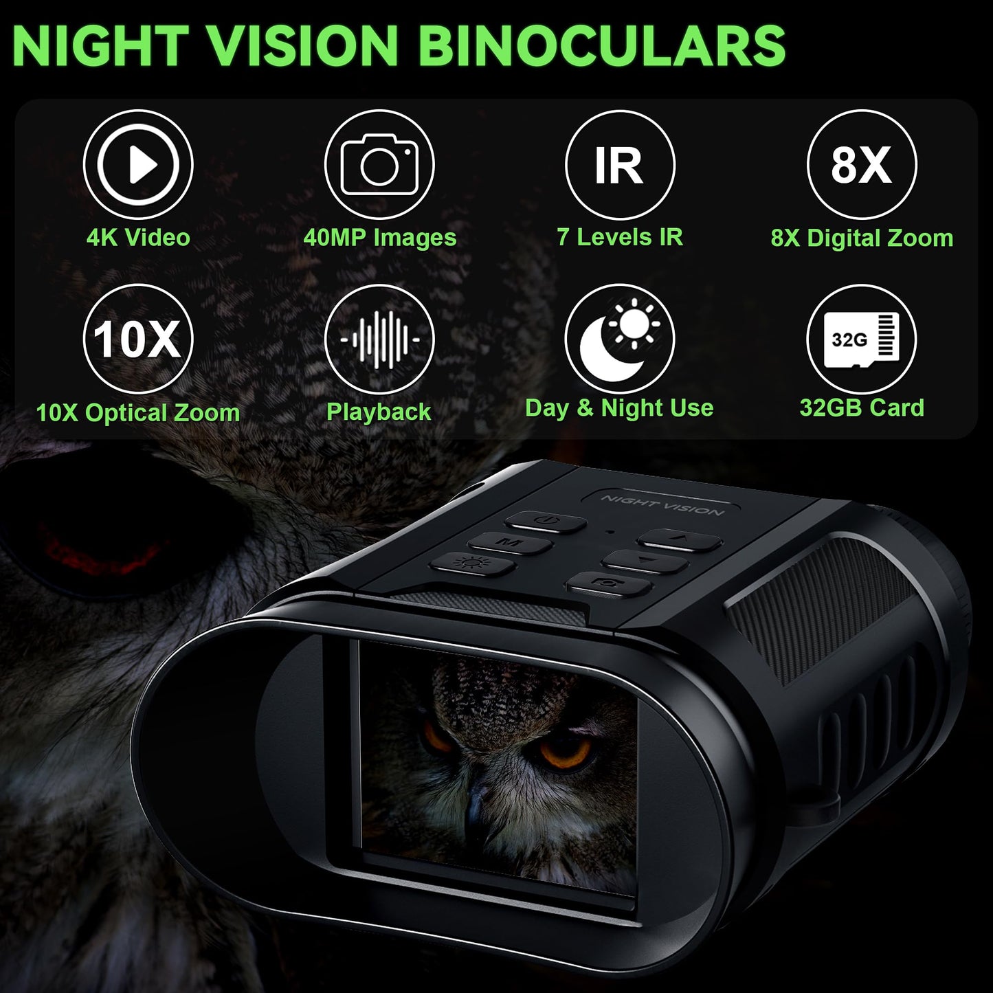 Valentines Day Gifts & Night Vision Goggles - 5W Upgraded 4K HD IR Binoculars - 8X Digital Zoom/Rechargeable Battery/32GB Card/Flashlight, Camping Exploration Gifts for Men Dad Husband Boy Friend