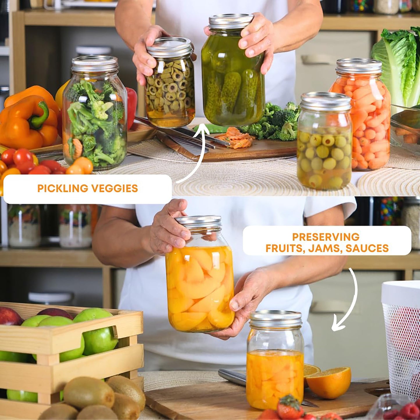 FastRack 32 oz Regular Mouth Mason Jars with Lids – Pack of 12 Quart Canning Jars for Food Storage, Pickling, Fermentation, Crafts – Reusable Airtight Large Glass Mason Jar with 1 Black Cap Gripper