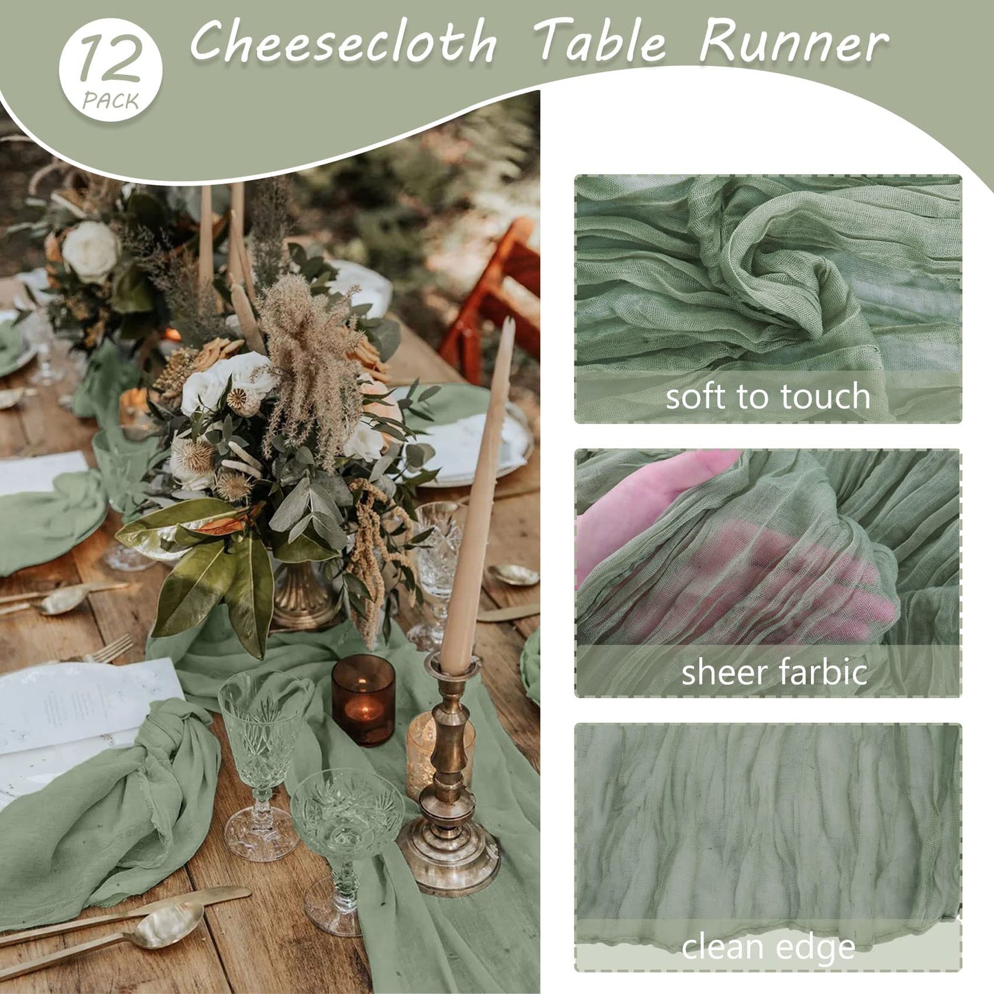 12 Pack 10Ft Cheesecloth Boho Gauze Long Romantic Table Runner for Wedding Bridal Shower Birthday Party Decor (Dusty Sage Green)