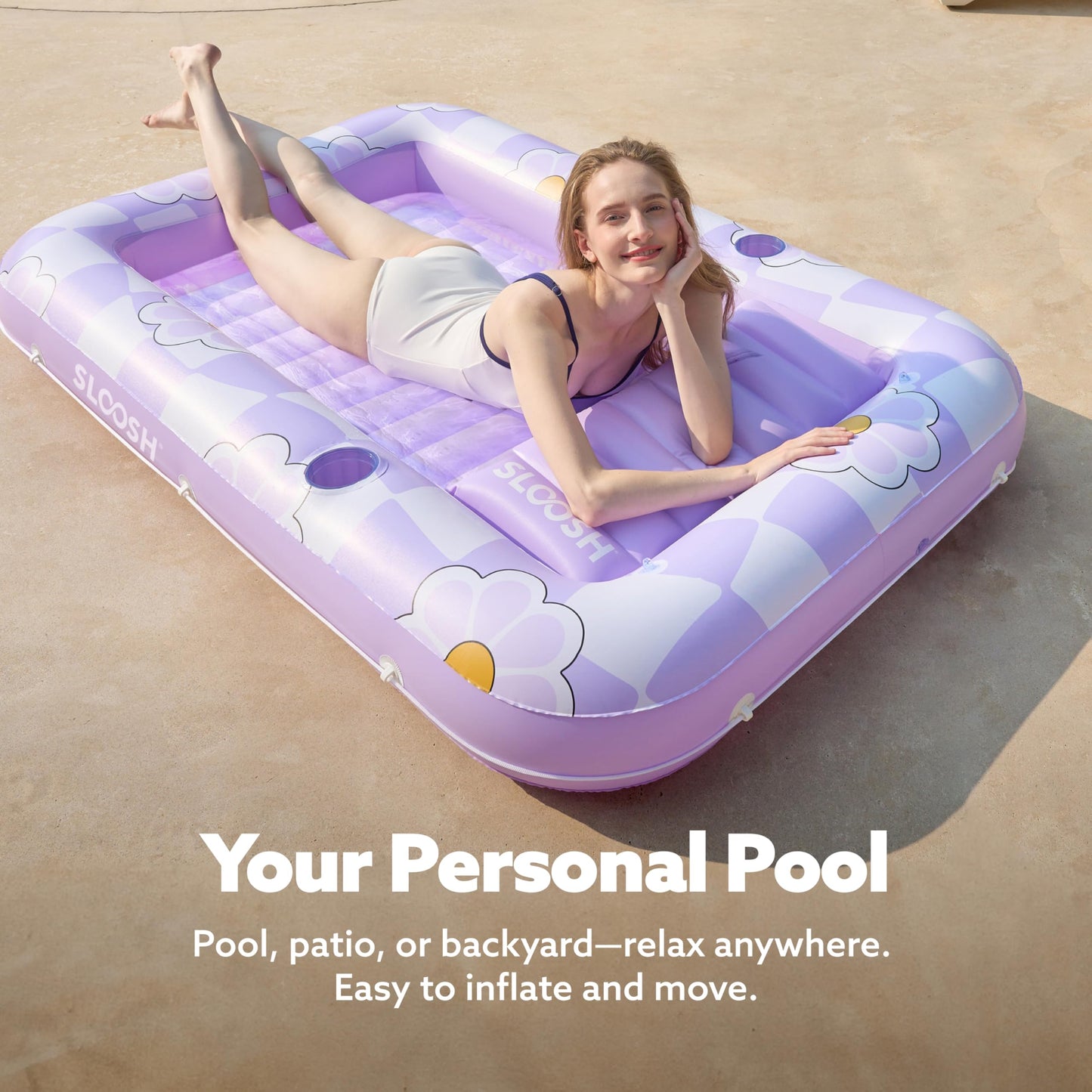 SLOOSH Inflatable Tanning Pool Lounger Float, 70" x 46" Pool Floats Adult with Pillow, 4 in 1 Suntan Tub Raft Floatie,Sunbathing Bed Lounge for Water Blow Up Ball Pit Party Gifts, Purple Chase Flower