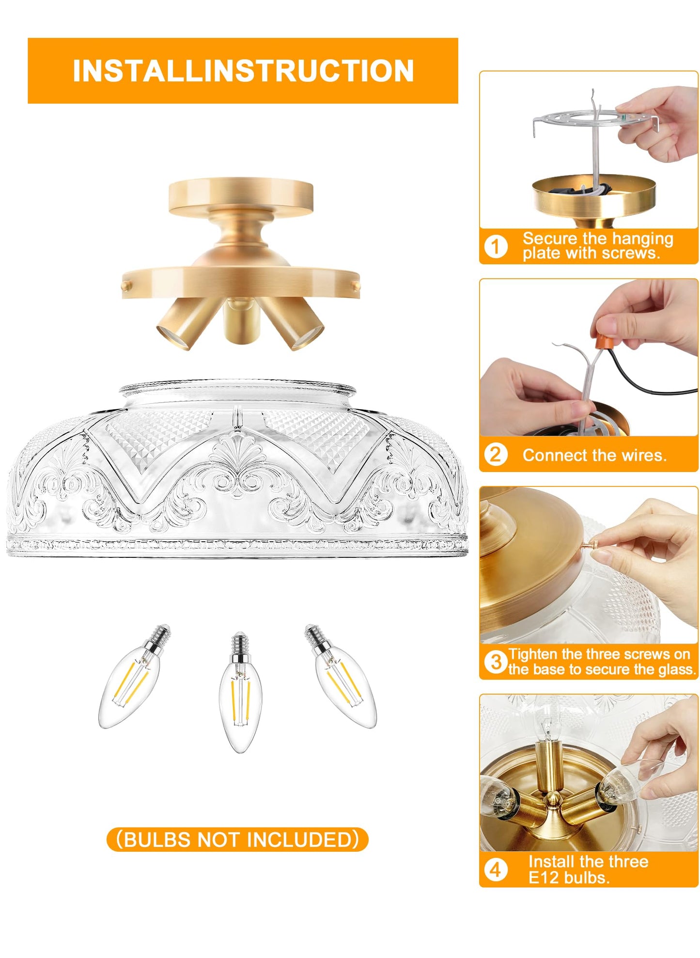 Slypadan Semi Flush Mount Ceiling Light, 12 Inch Large Gold Ceiling Light Fixture, 3-Light Globe Glass Farmhouse Kitchen Lighting Fixtures for Bathroom, Hallway, Dining Room (Bulb Not Included)