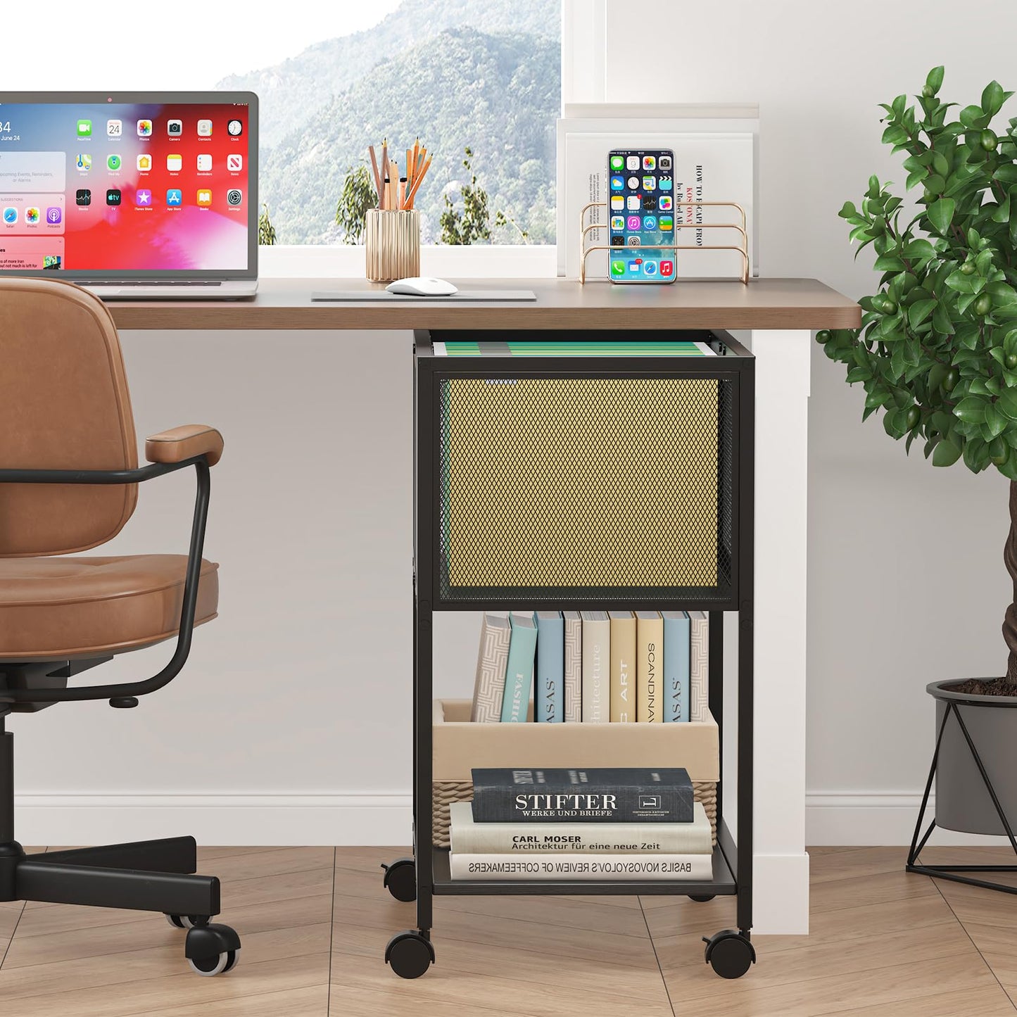 Sbanmao Rolling File Cart, Mobile File Cabinet with Wheels Hanging Files, Metal Hanging File Folder Cart File Organizer Fit Letter Size for Home Office, Black (Patent Pending)