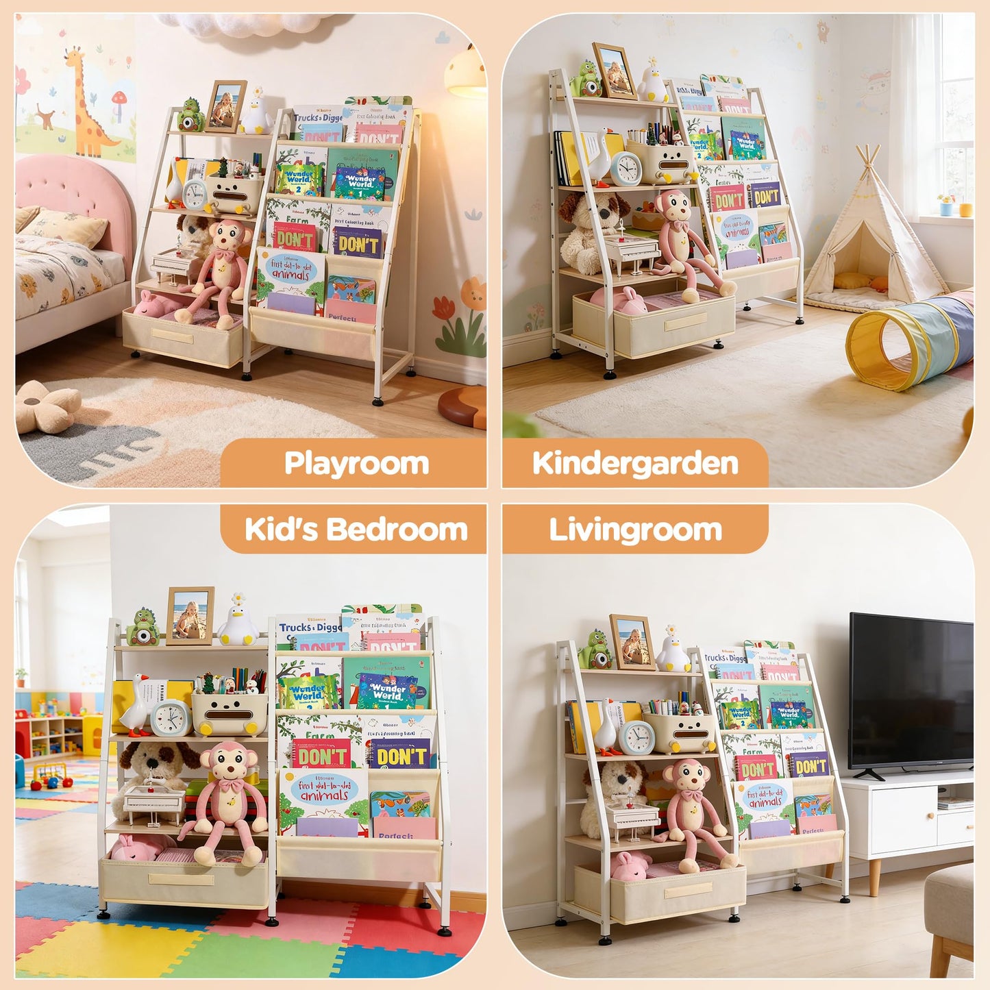 Vsonker Kids Bookshelf and Toy Storage-Book Shelf for Kids Rooms,Toddler Bookshelf Baby Bookcase with 4 Sling Shelves & Fabric Toy Chest Toy Organizer for Playrooms, Bedrooms, Nursery