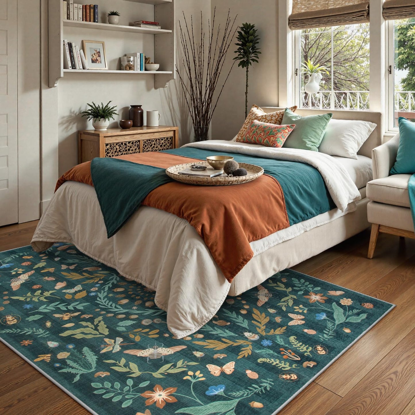 Lahome Insect Botanical Washable 5x7 Area Rugs for Living Room, Non Slip Green Rug for Bedroom, Boho Indoor Throw Dining Room Carpet for Under Table Entryway Kitchen Office(Dark Green,5x7)