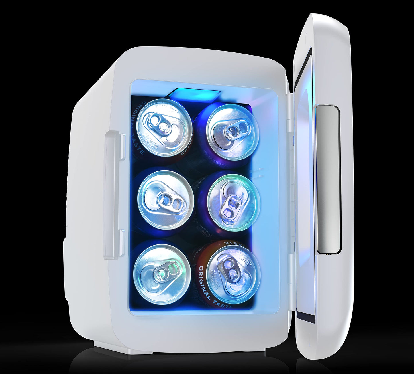 Frigidaire Gaming Light Up Mini Beverage Refrigerator, 6 can, 4 liters, Cooler with large see through door and LED lights Perfect for Gaming Experience, Home, Office, or Cars.12V Charger (White)