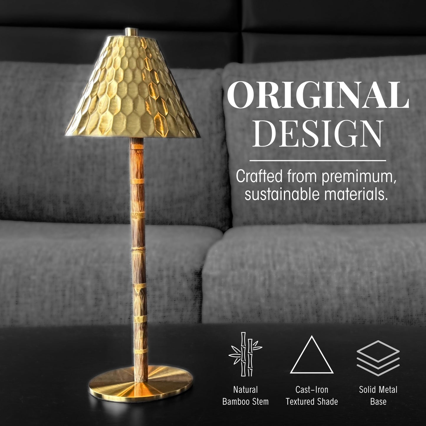 LUXELYKOS Bamboo Cordless LED Table Lamp – Rechargeable 24-Hour Battery, Dimmable Warm Light, 15" Portable Wireless Lamp with Remote for Indoor/Outdoor Use, Home, Patio, Restaurant – Textured Gold