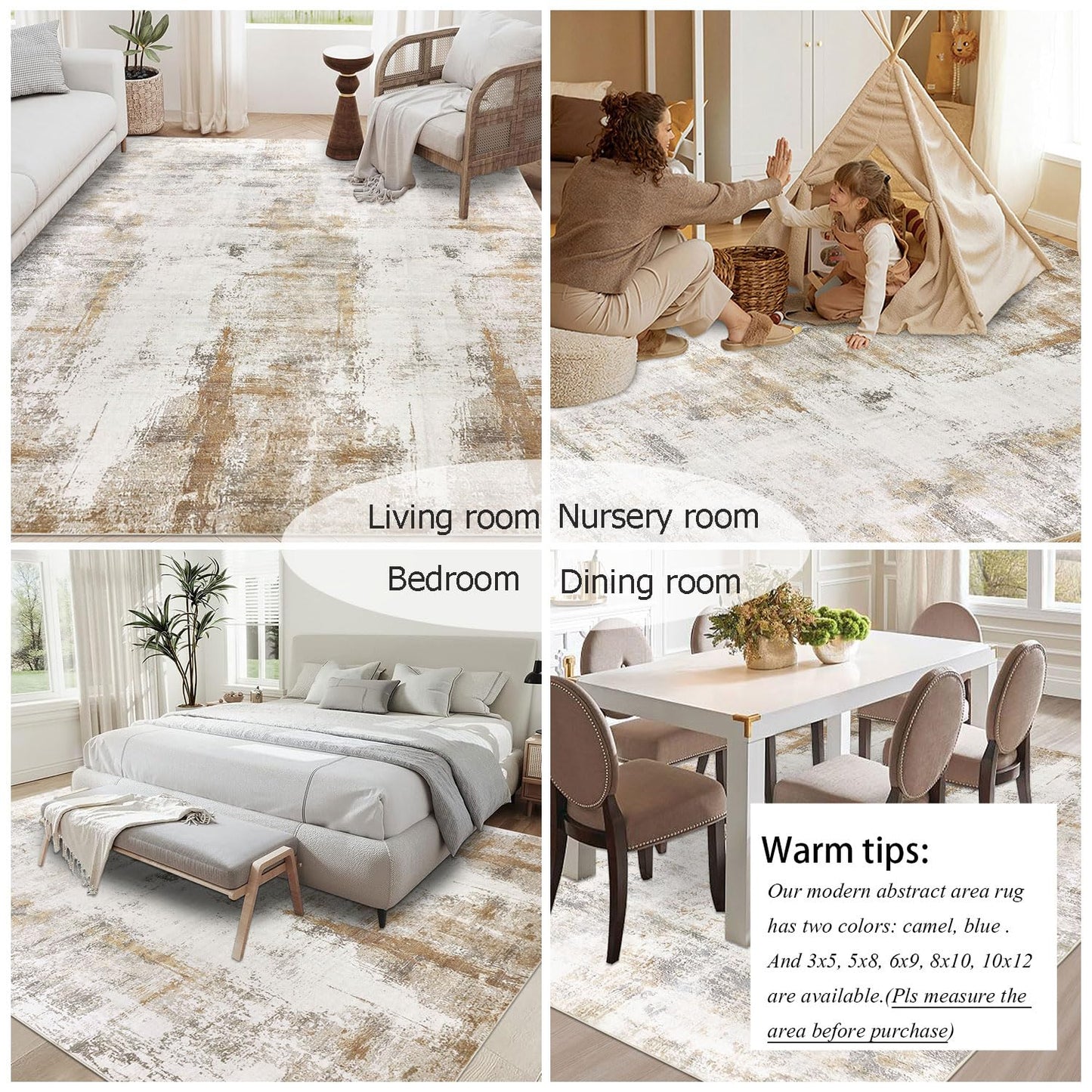famibay 5x8 Area Rug, Abstract Washable Rugs for Living Room Low Pile Neutral Area Rug for Bedroom Aesthetic Non Slip Rubber Backed Carpet Rugs for Living Room Bedroom Dining Room(Beige/Camel)