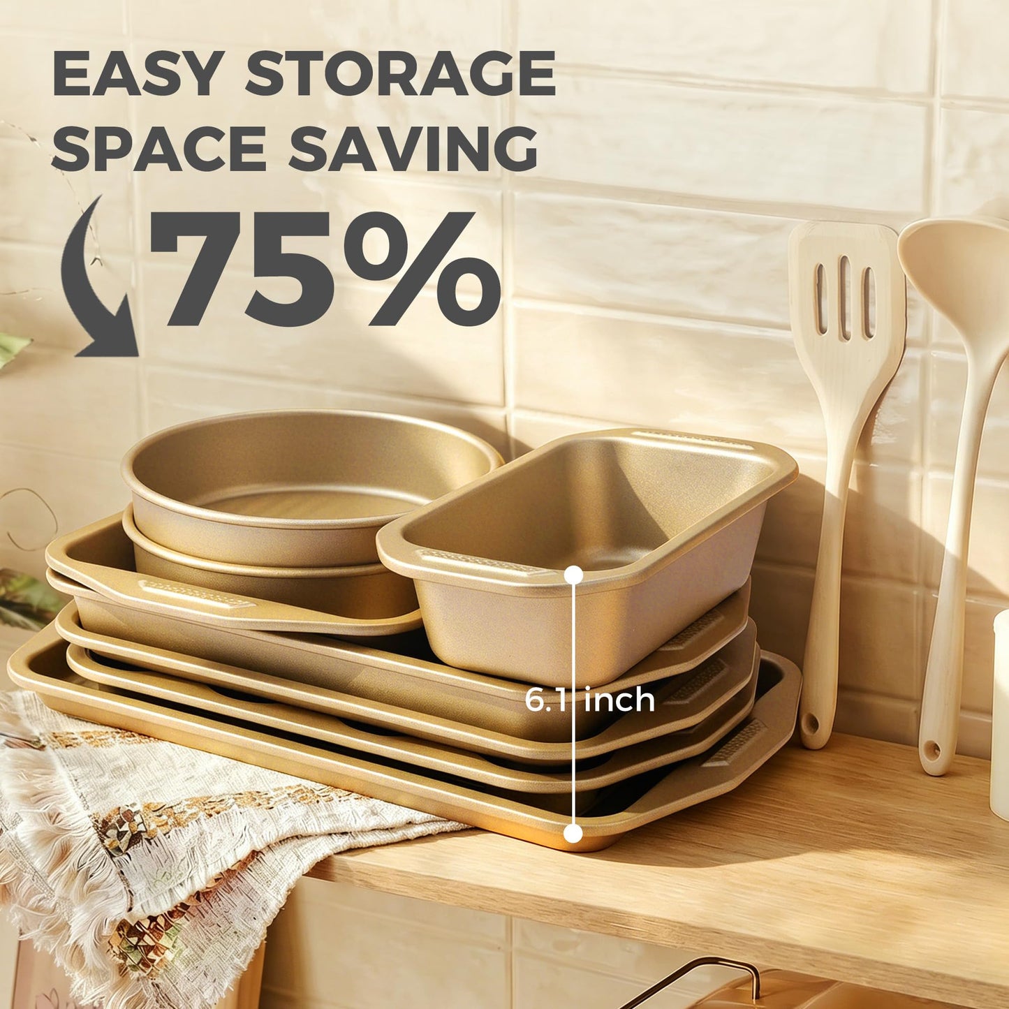 HONGBAKE 9-Piece Nonstick Bakeware Set, Wave Texture for Easy Release, 0.8mm Thick Non-Toxic Baking Pans Set, Includes Stackable Cookie Sheets, Antique Gold