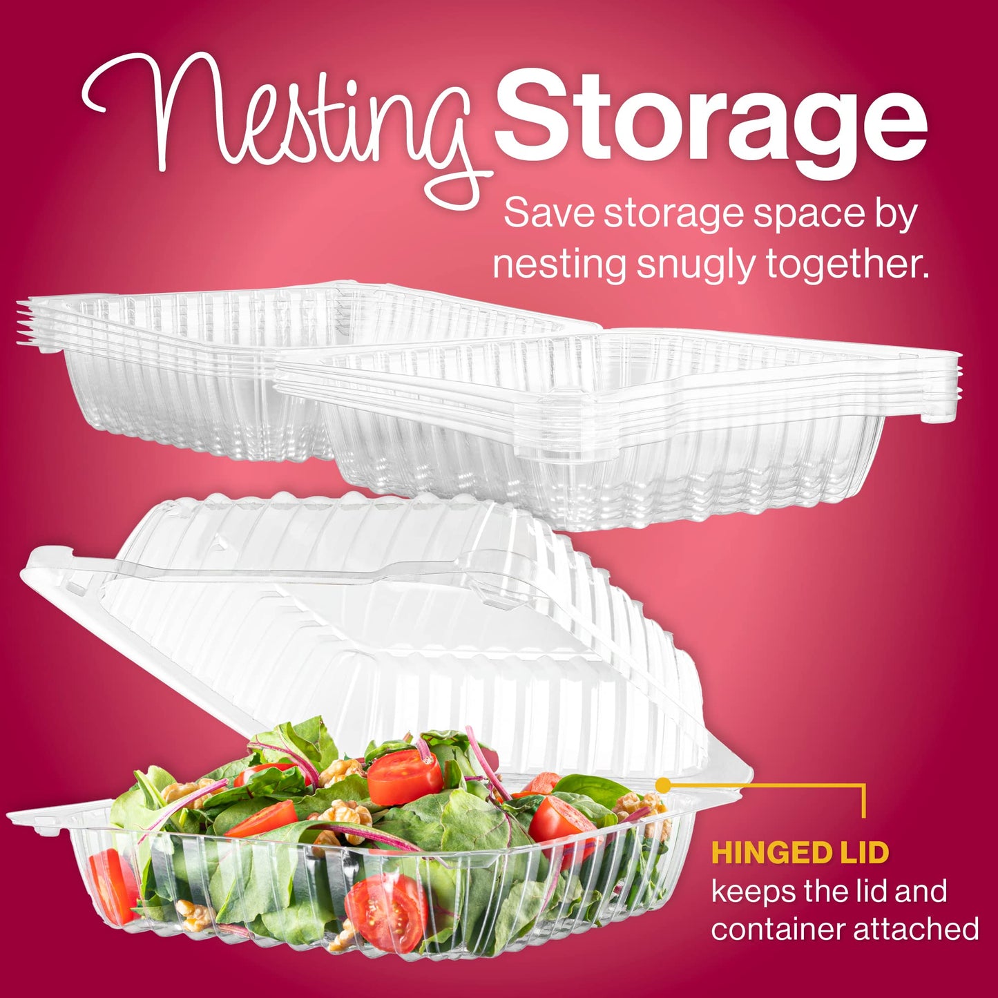 50 Clear Plastic Containers, 8" X 8" X 3" Hinged Lid Togo Clamshell Food Containers for Food, Strawberry Boxes, Bakery Supplies, Cake, Cookie, Dessert, Salad, Treat Boxes