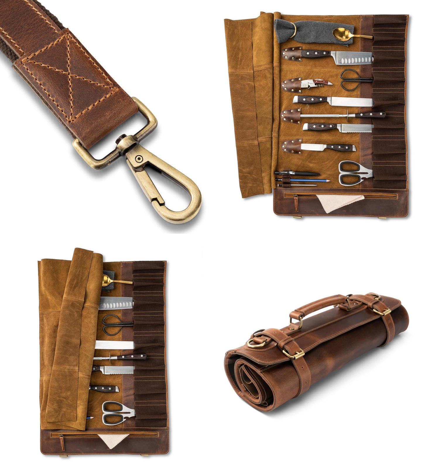 Angus Stoke premium leather knife roll storage bag XXL - 14 pockets, buffalo leather with shoulder strap, chef's knife bag case Rene (Walnut-Brown)
