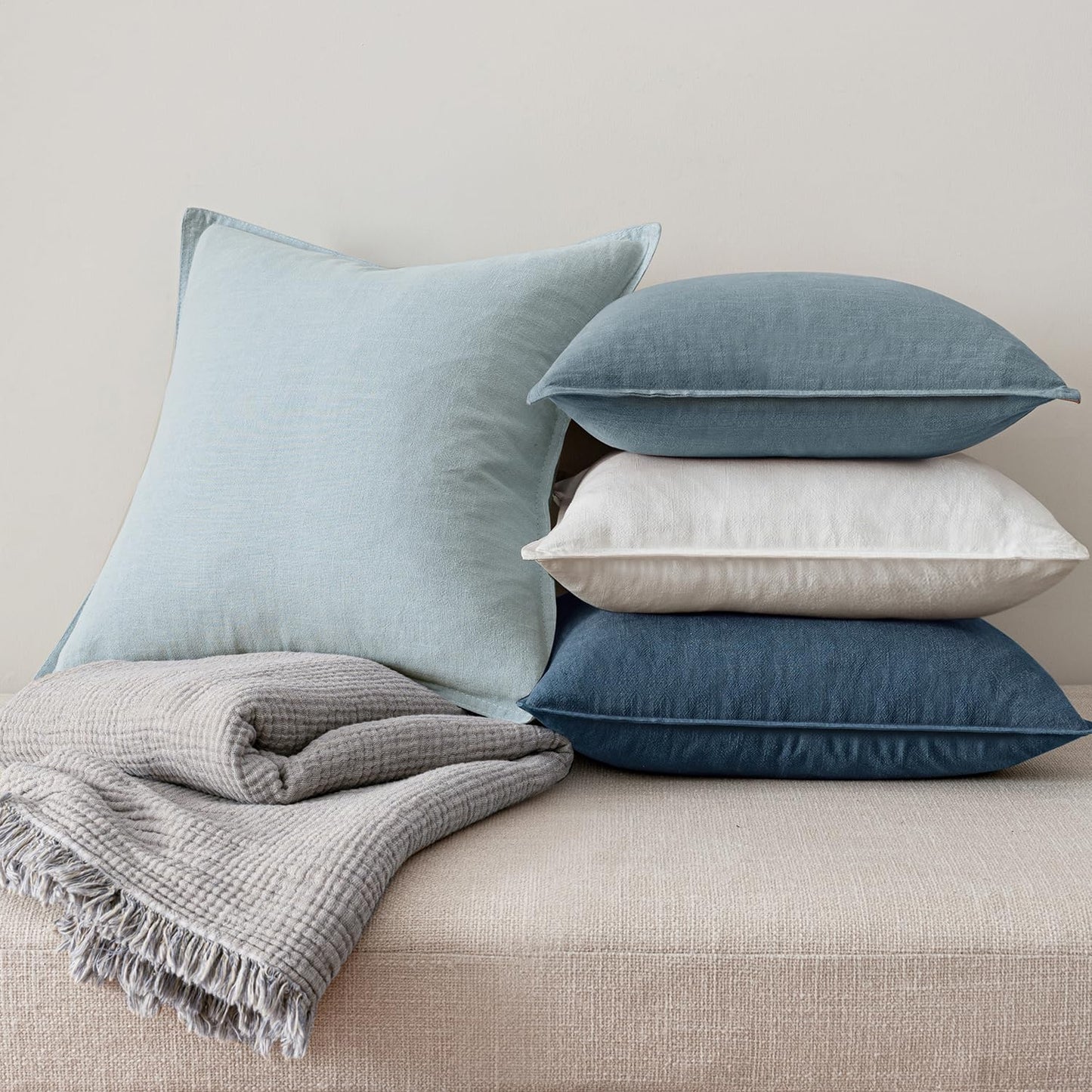 MIULEE Blue Linen Pillow Covers Pack of 4 Decorative Natural Throw Pillow Covers Soft Accent Boho Farmhouse Couch Pillowcases Modern Spring Home Coastal Decor for Living Room Bed Sofa 20x20 Inch