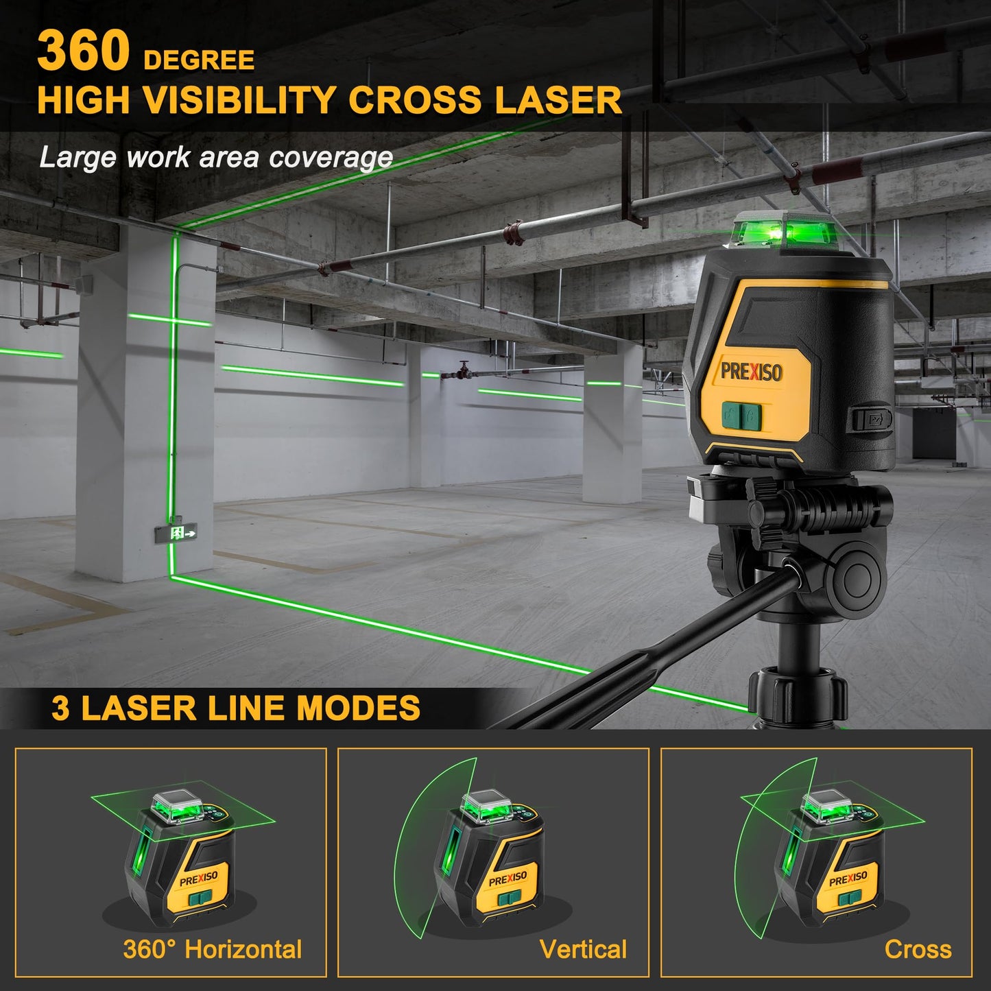 PREXISO 360 Laser Level with Tripod - IP54 Rechargeable Wide Angle Vertical Line Laser, 100Ft Green 3 Brightness Adjustment Self Leveling Cross Line for Construction, Floor Tile, Renovation