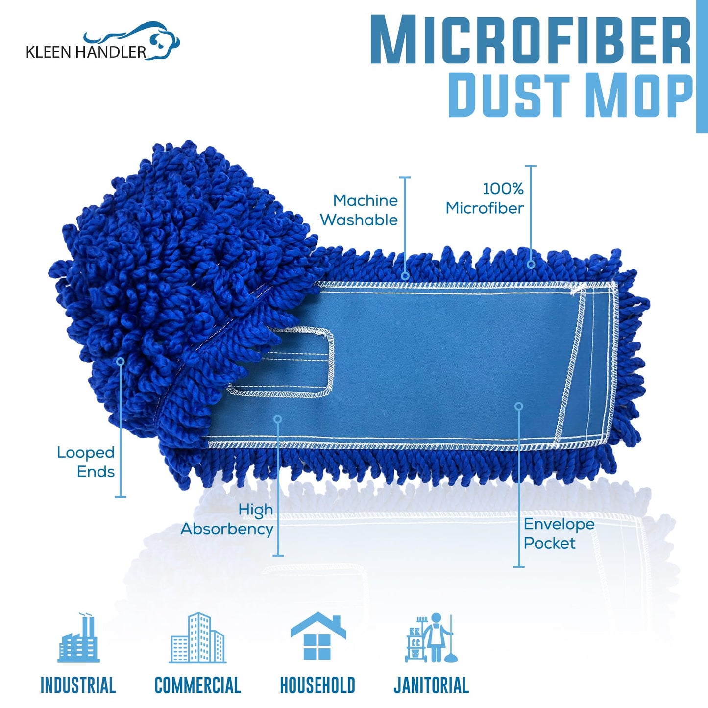 Kleen Handler 24 inch Microfiber Dust Mop | Medium Washable Commercial Mop Head Replacement, Pack of 6