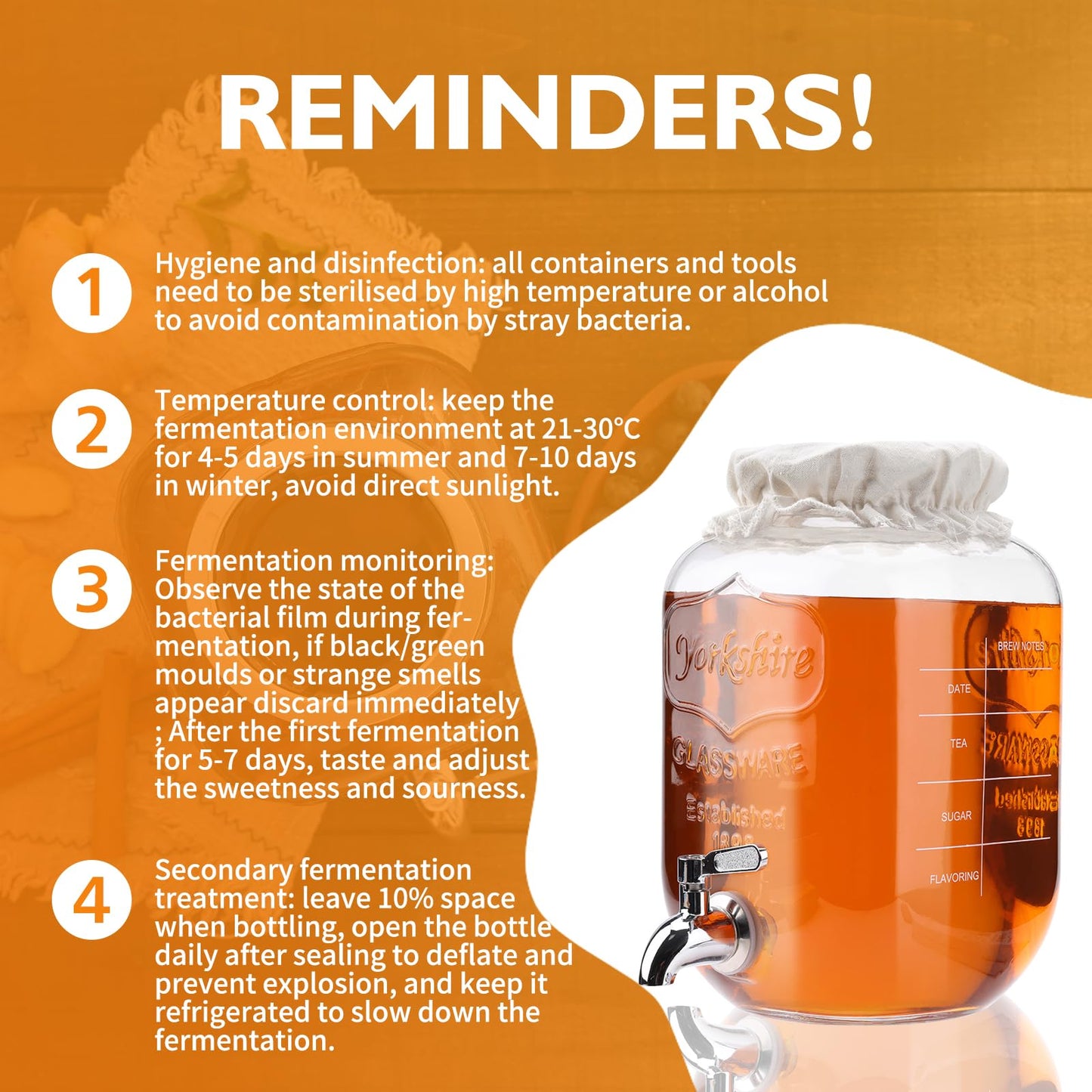 1 Gallon Kombucha Starter Kit, Glass Kombucha Jar with Spigot and Stainless Steel Mesh Filter Fermentation Kit for Home Brewed Kombucha Bottles, Includes Test Strips, Measuring Cups, Cloth Top