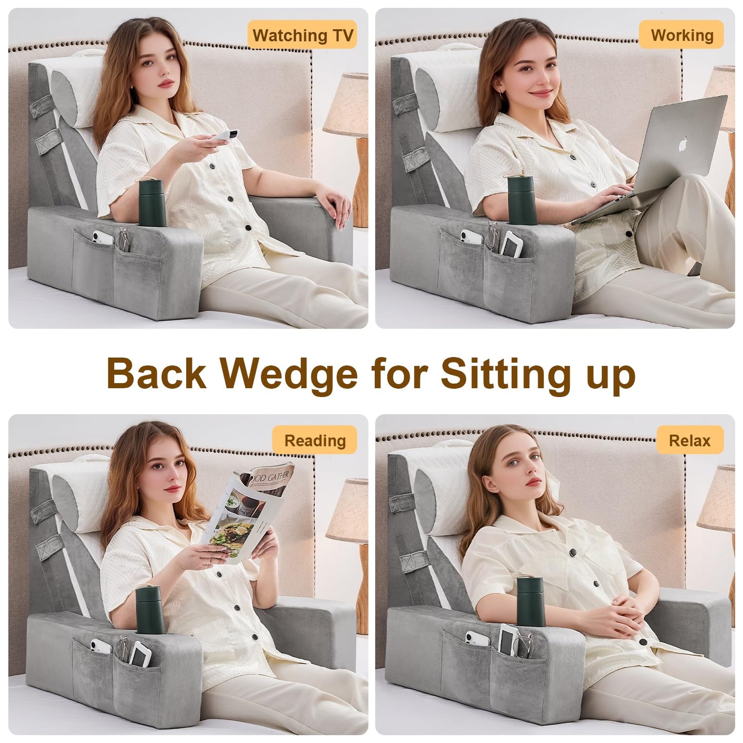 Reading Pillow for Sitting in Bed Adult, Back Pillow for Bed Sitting up with Arms, Pockets and Cup holder, Sit Up Backrest Pillows for Beds Chair Support, Rest Pillow for Gaming (Light gray, 5PCS)