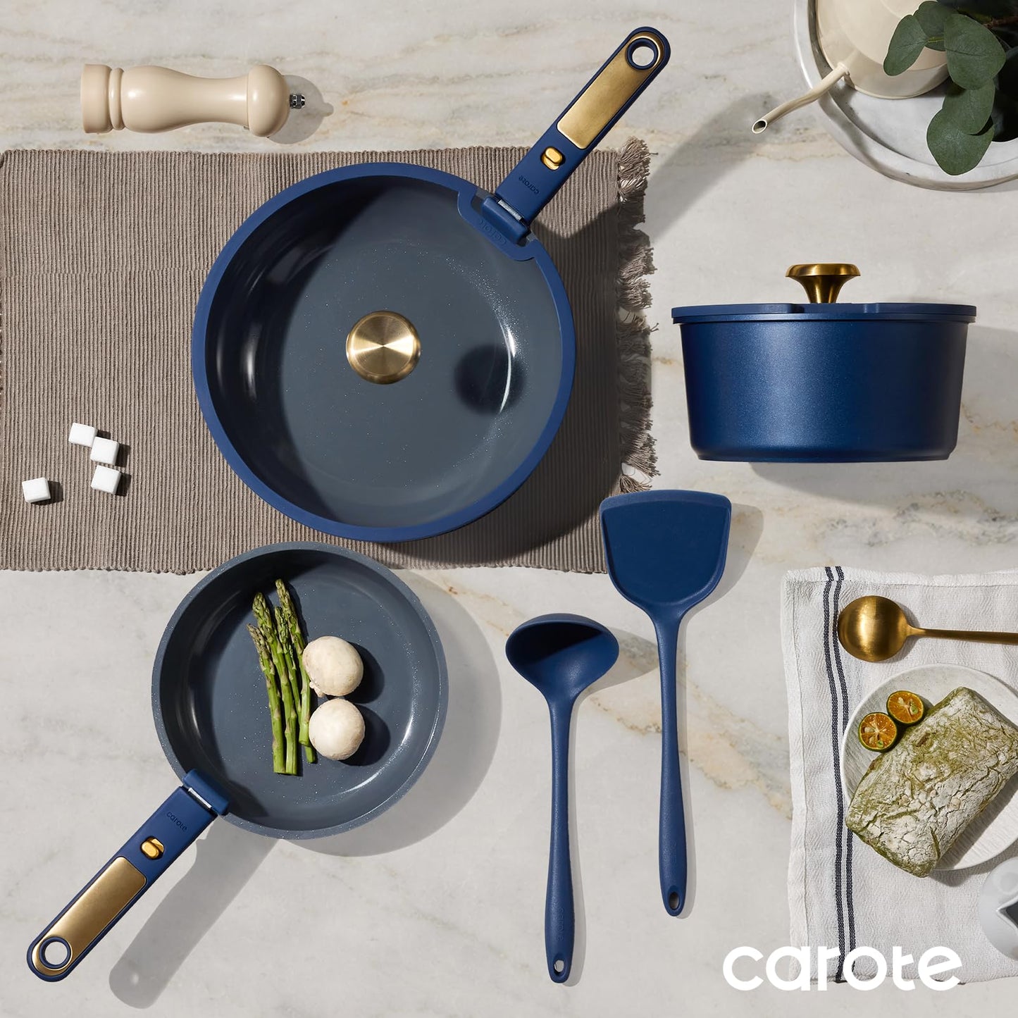 CAROTE Blue&Gold Ceramic Cookware Set Non Toxic, PFAS Free,15Pcs Pots and Pans Set Non Stick Detachable/Removable Handle,Kitchen Cooking Set Dishwasher Safe, Nonstick Pot and Pan, Induction Cookware