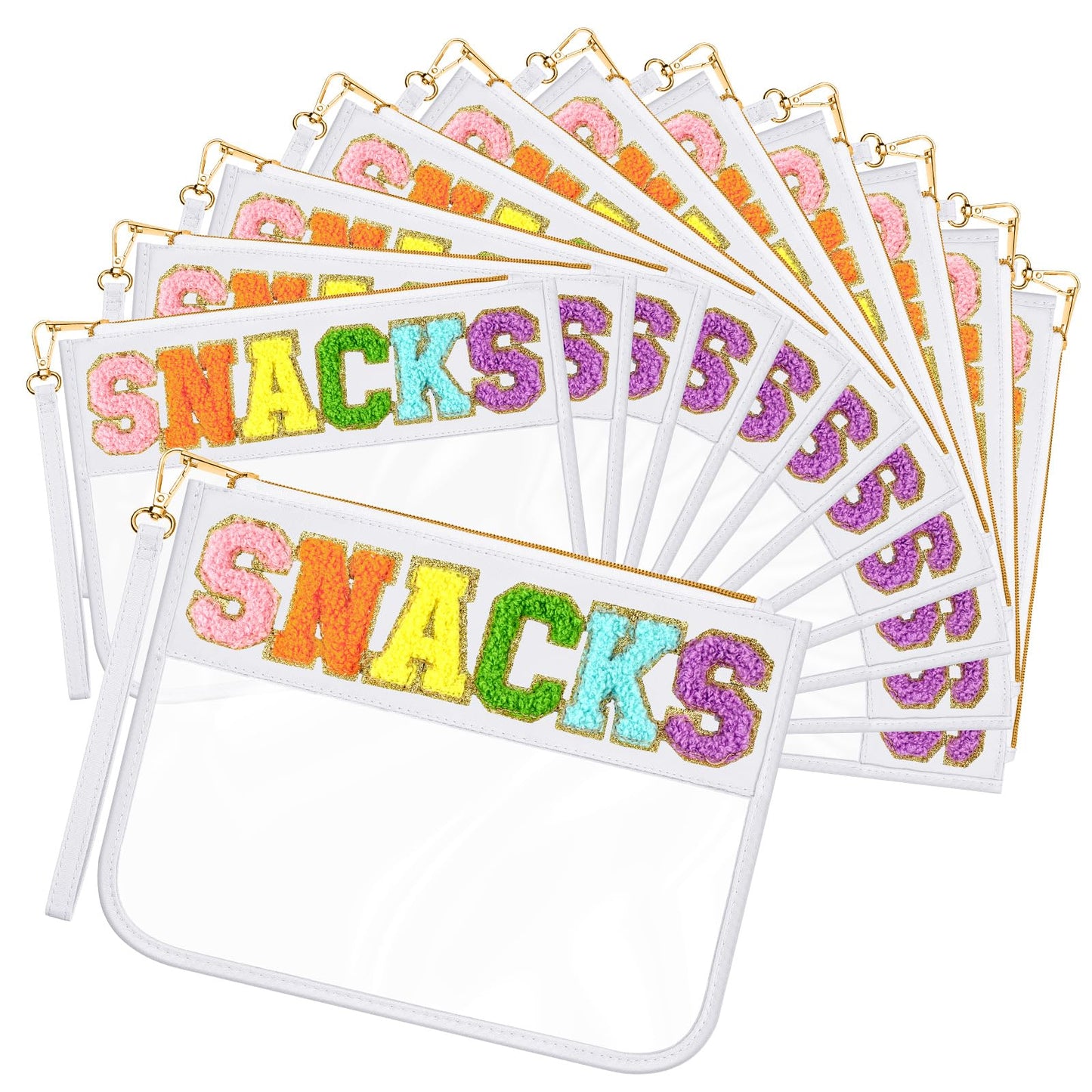 Abbylike 12 Pcs Snack Bags Clear Chenille Letter Snacks Zipper Pouch Waterproof PVC Large Travel Makeup Cosmetic Storage Organizer Bag for Mom Team Cheerleaders Teacher (White)