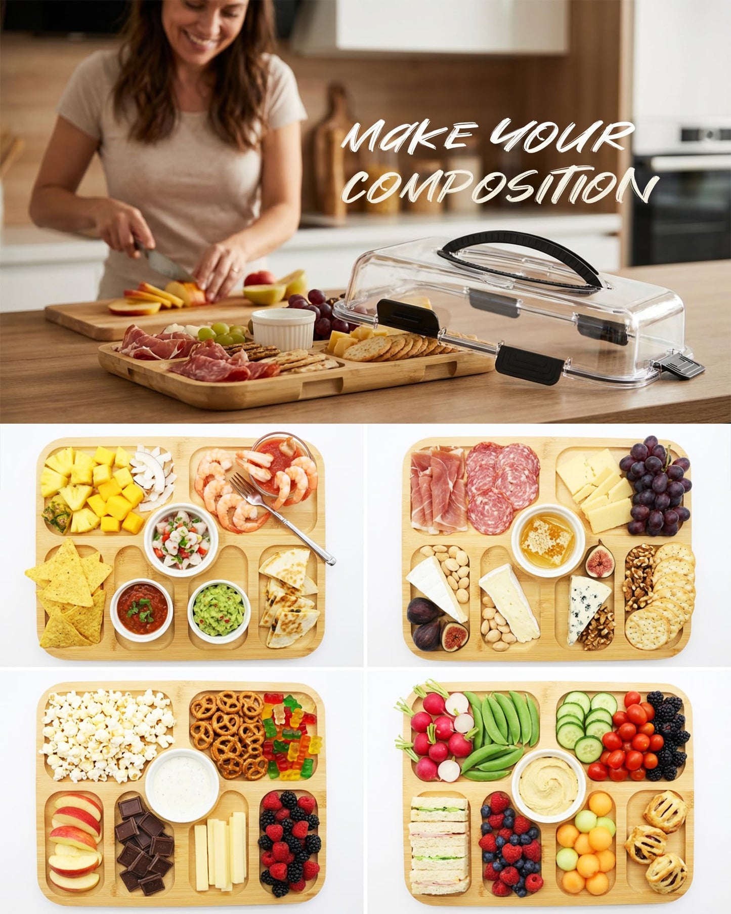Charcuterie Board with Lid & Ice, Upgraded 6 Snap Laches, Sauce Cup Included, Large Portable Cheese Tray with Handle, Serving Tray for Picnic & Pool, House Warming Gifts New Home (Black)