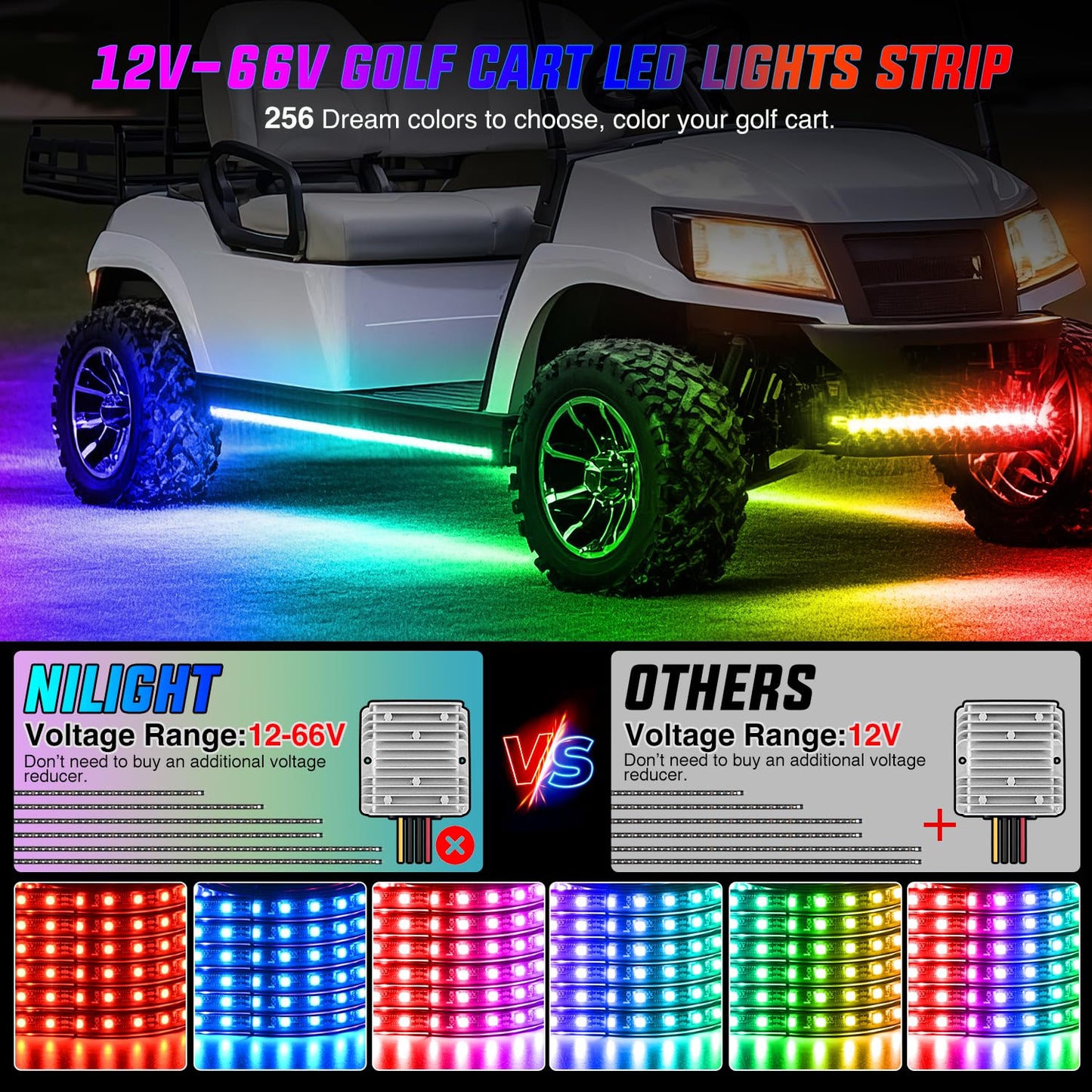 Nilight 6PCS Golf Cart Underbody Light Kit with Canopy Lights Dream Color Multi-Mode Neon Accent Lighting APP Remote Control Sound Active Music Sync IP67 Waterproof 12V-65V for EZGO Yamaha Club Car