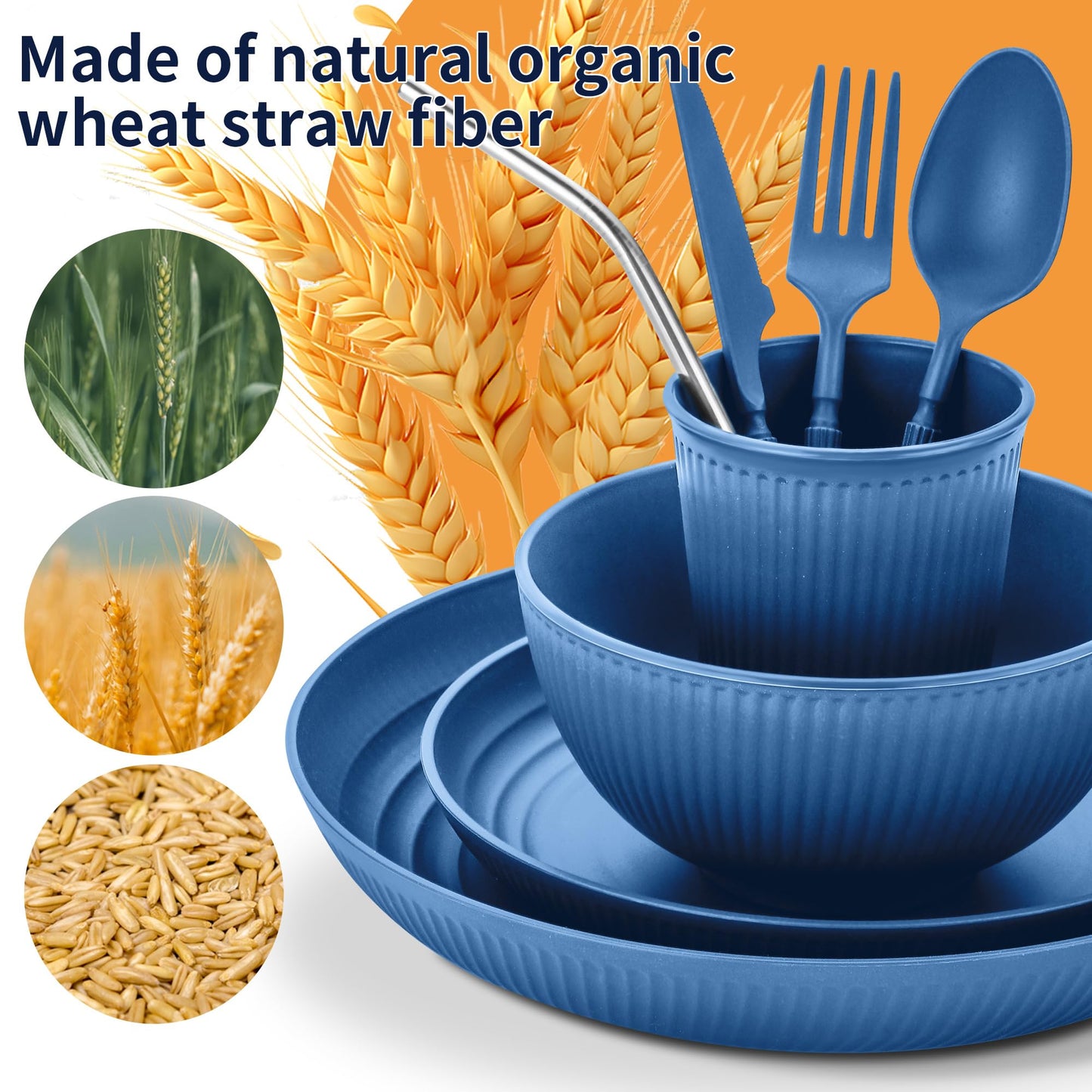 Wheat Straw Dinnerware Sets,64-Piece Plates and Bowls Sets for 8-Unbreakable,Reusable Plastic Dish Set-Dinner Plate/Dessert Plate/Cereal Bowl/Cup/Utensils-Dishwasher Safe 64P-JadePeak Lake Sunset