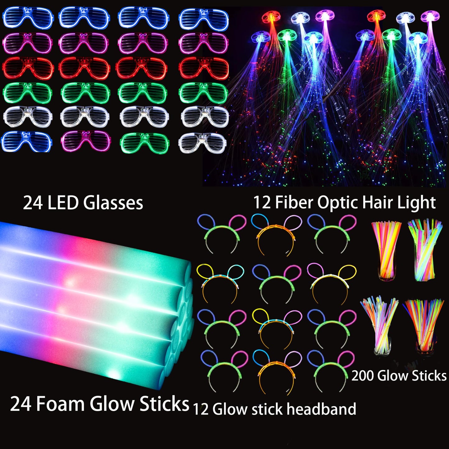 272 PCs Glow Party Supplies, 24 Foam Glow Sticks, 24 LED Glasses and 200 Glow Sticks & Bracelets, 12 Glow sticks headband 12 Fiber Optic Hair Light,Glow Neon Party Favors for Wedding, Concert, Raves