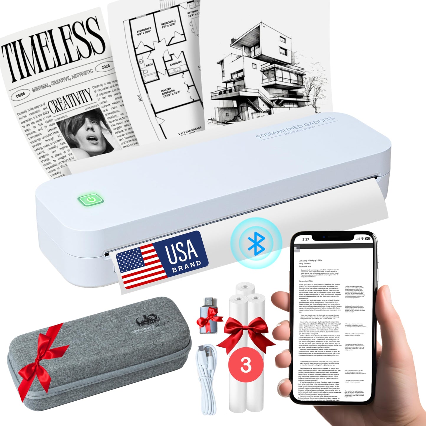 2025 Inkless Portable Printer Wireless for Travel, Bluetooth Thermal Printer Supports 8.5x11 US Letter, Compatible with iOS, Android, MAC, Windows for Office, Car and Home, w/Case+ 3 thermal rolls Kit
