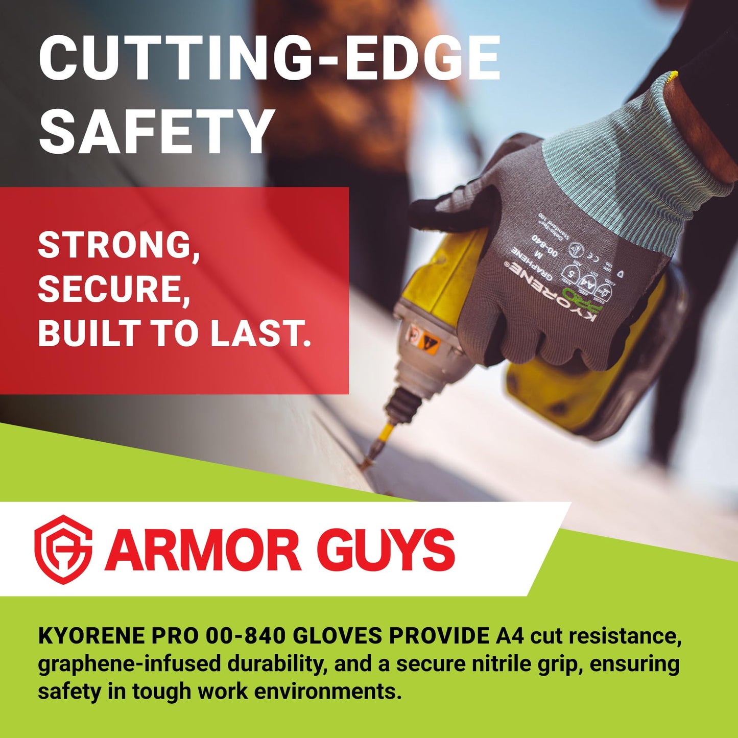 Armor Guys Kyorene Pro 00-840 A4 Cut Resistant Work Gloves - Graphene, Nitrile Grip, Durable, Breathable for Industrial Use - M, 12 Pairs