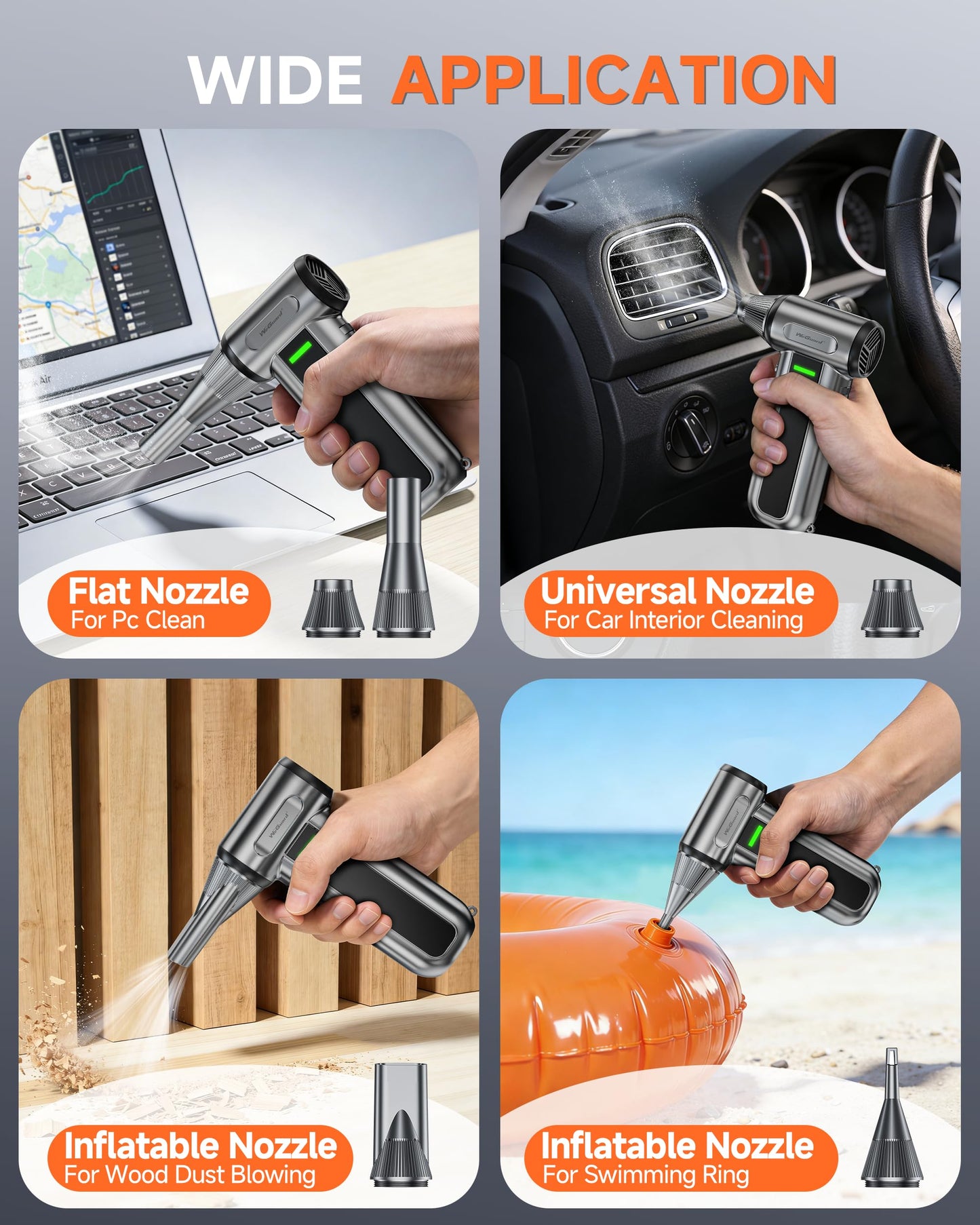 WeGuard W22 Electric Air Duster, 180000 RPM Compressed Air Duster with LED Light, 3-Speed Adjustable/Compressed Air Can Alternative, Dust Blower for Computer, Keyboard, Car, Leaves, Outdoor