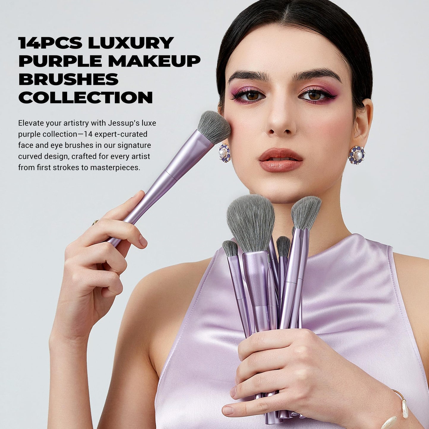 Jessup Makeup Brushes Set Professional 14pcs Vegan Make Up Brushes, Foundation Eyeshadow Concealer Contour Powder Blush Blending Eyeliner Brush, Premium Synthetic Fiber, Luxury Purple T512