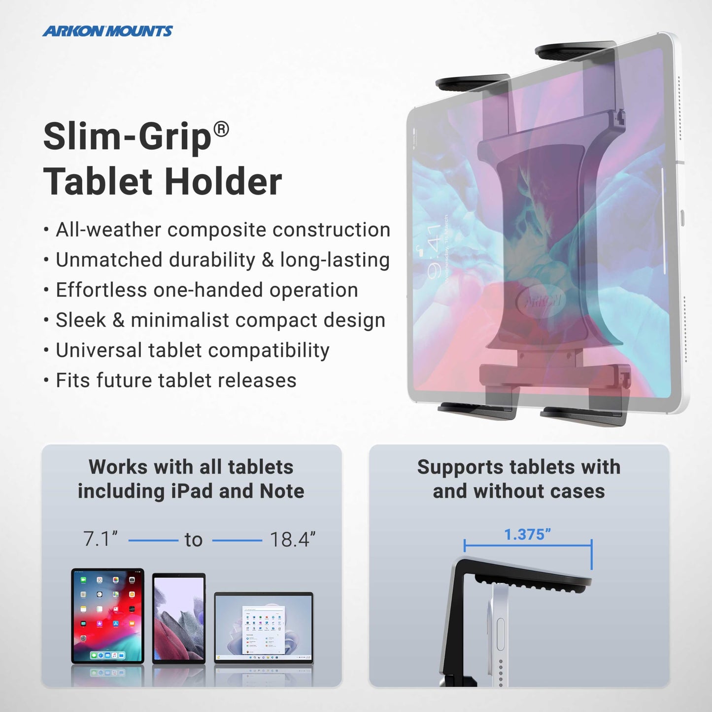 ARKON Mounts - Tablet Holder with Clamp Mount | Corrosion-Resistant | Tablet Stand w/Sturdy Clamp | Security Knob Feature | Two Adjustable Shafts Included | Fits iPad and Samsung Tablets