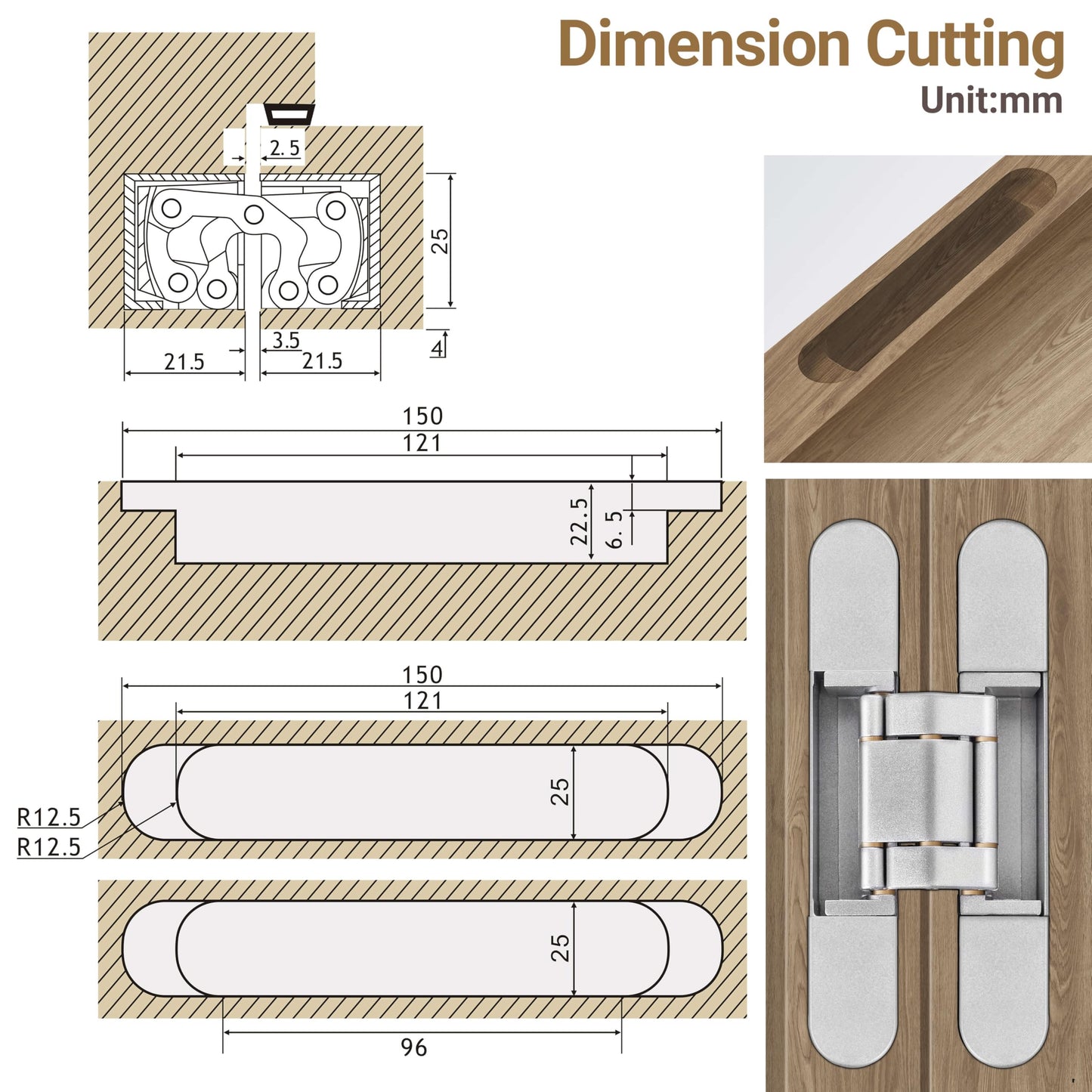 Upgraded Invisible Door Hinges (4 pcs) -6 Inch Sliver Hidden Hinges for Doors, 3 Way Adjustable & 180 Deg Swing & Copper Support Invisible Hinge, Heavy-Duty Concealed Door Hinges 88Lbs Load-Bearing