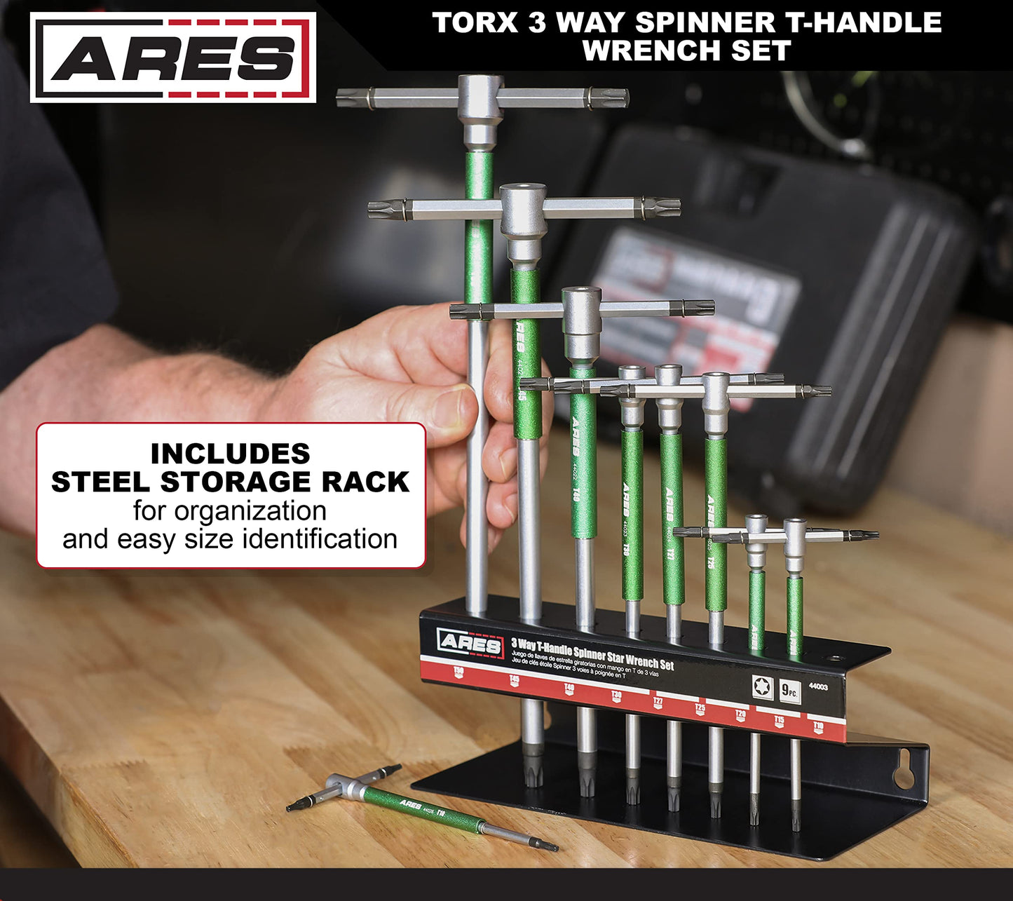 ARES 44003 – 9-Piece Torx 3-Way T-Handle Spinner Star Key Wrench Set – Sizes from T10 to T50 – Sliding Handle, Spinning Sleeve for Versatile Speed and Leverage Application – Friction Treated Tips
