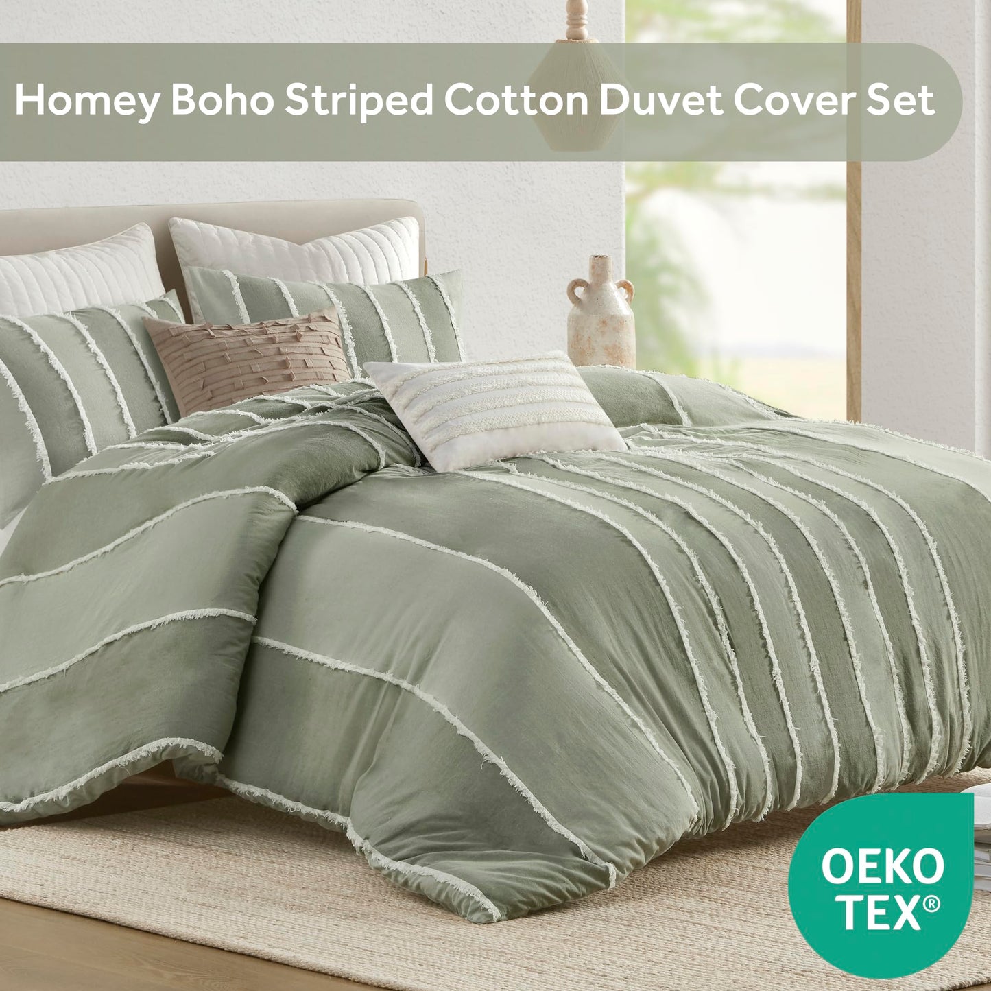 INK+IVY King Duvet Cover Set Boho Duvet Covers Stripes, Clipped Jacquard, Cotton Duvet Cover for King Size Bed, All Season Lightweight King Bedding Cover & Shams, Shay, King/Cal King, Sage 3 Piece