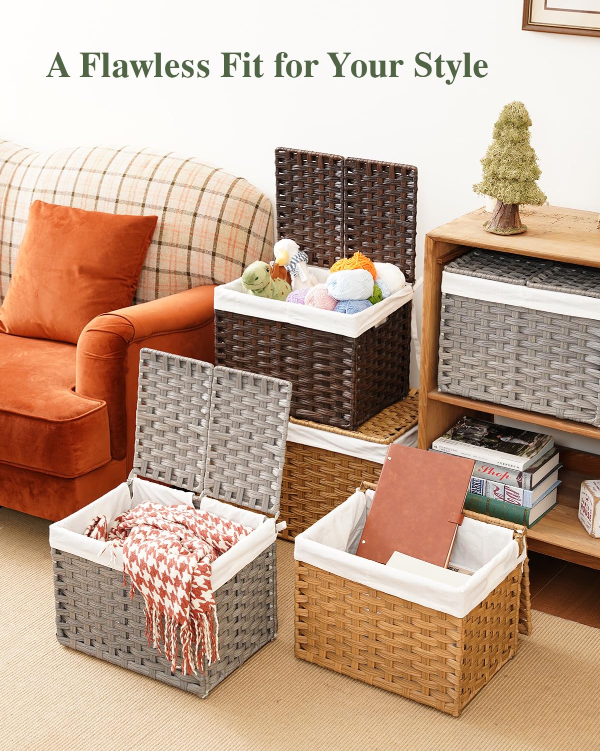SETVSON Storage Basket with Lid Woven Wicker Baskets with 2 Separate Lid, 9.2 Gallon (35 L) Wicker Storage Bins with Handles, Foldable and 2 Removable Liner Bags for Bedroom, Laundry Room Natural
