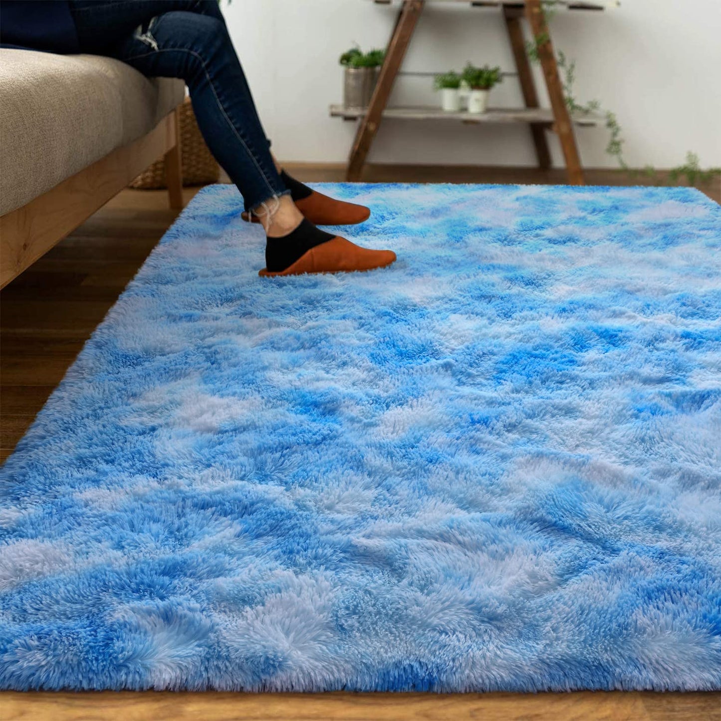 DweIke Fluffy Blue Shag Rugs for Bedroom Living Room, 6x9 Large Soft Plush Tie-Dyed Light SkyBlue Girls Boys Kids Rug, Upgraded Non-Slip and Machine Washable Carpet for Dorm Nursery Classroom Decor