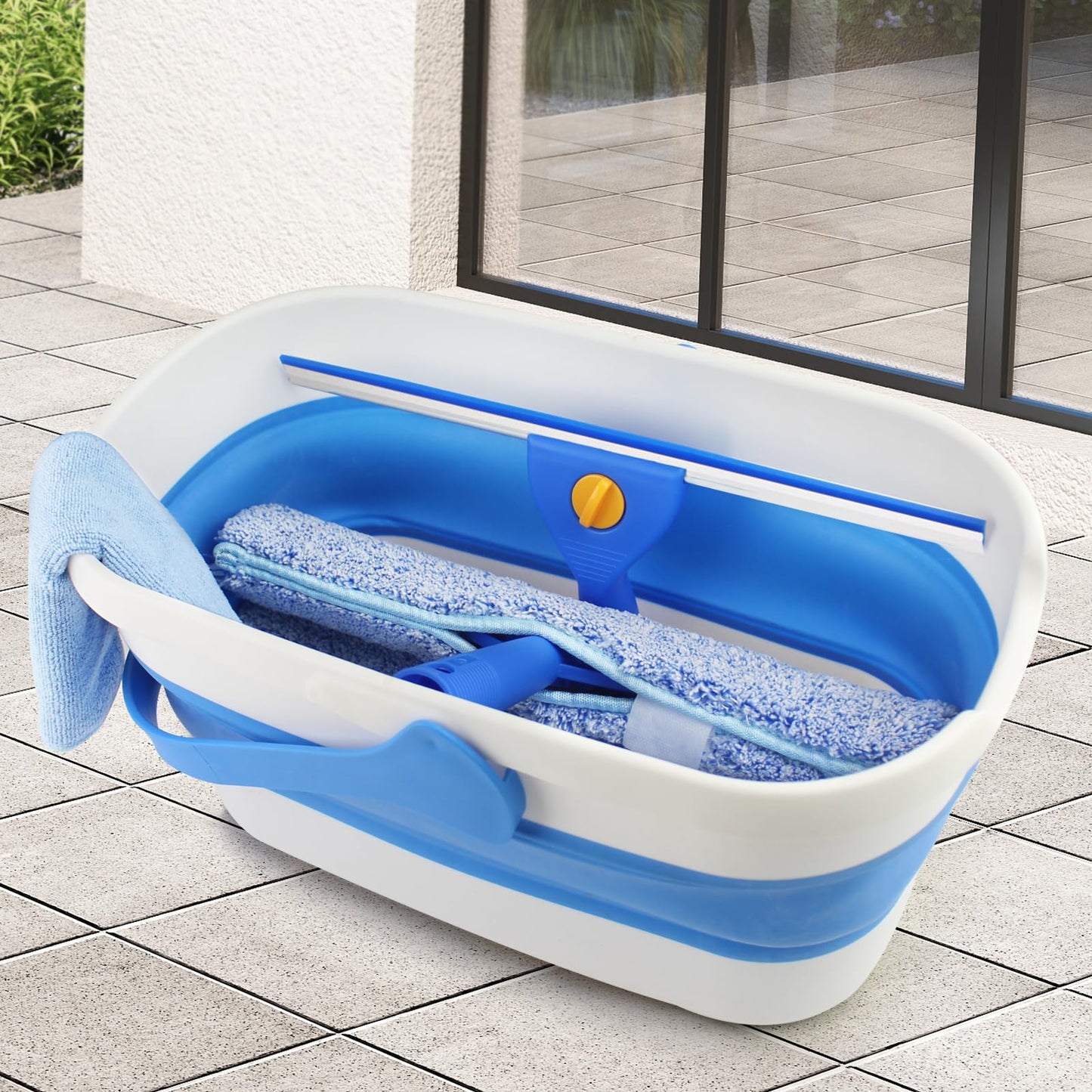Window Cleaning Kit with Collapsible Bucket 3 Gallon, 14" Window Squeegee and 15" Scrubber with 61" Long Handle, Professional Window Washing Kit Cleaner Tool for Home Outdoor Office Commercial Use