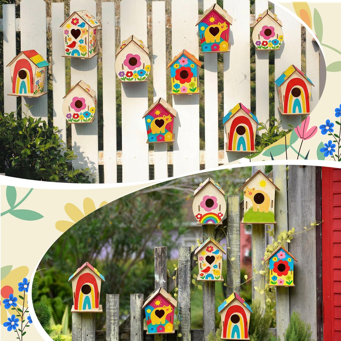 Amyhill 48 Pack Wooden Bird Houses Set for DIY Crafts Bulk Spring Unfinished DIY Wood Birdhouses to Paint Build Art Painting Bird House Hanging Spring Ornaments for Tree Crafts Party Gifts