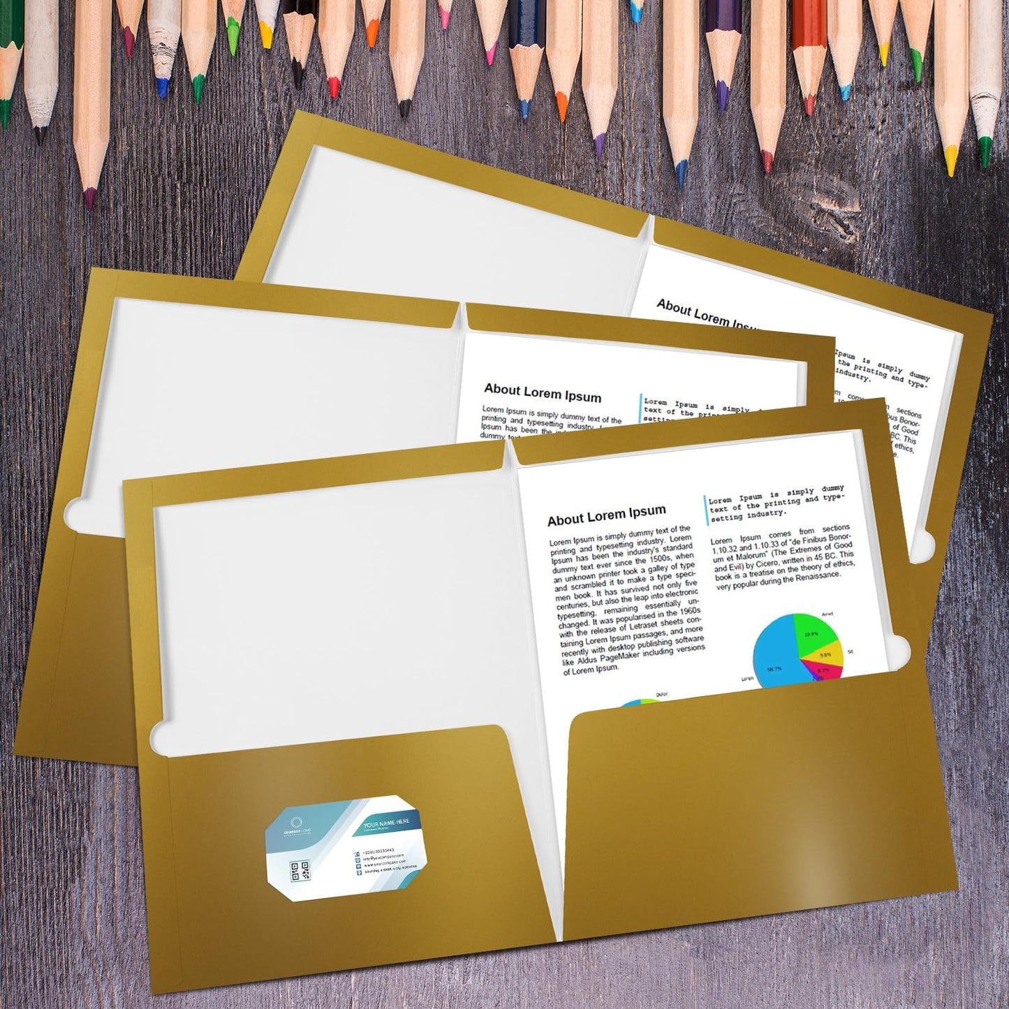 Yeaqee 100 Pack Folders Bulk with 2 Pockets Glossy Laminated Paper Folder First Day of School Presentation Letter Size Two Pocket File Portfolio Holder Back to School Items for Teacher Office (Gold)