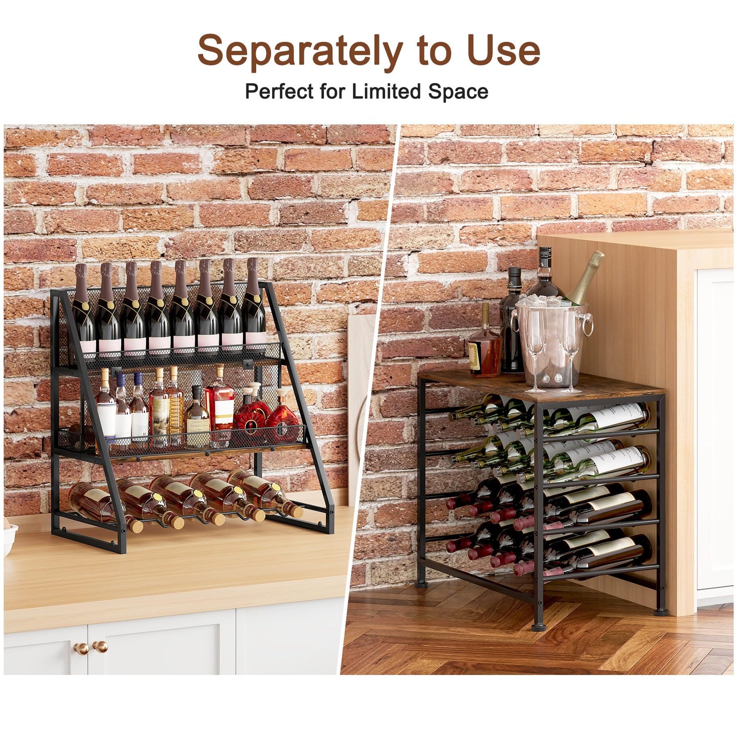 TQVAI Wine Rack Freestanding Floor Modular Split 40 Bottles Vertical Countertop Wine Racks Tall Liquor Bottle Display Shelf with Hidden Cork Organizer for Home Bar, Black/Antique